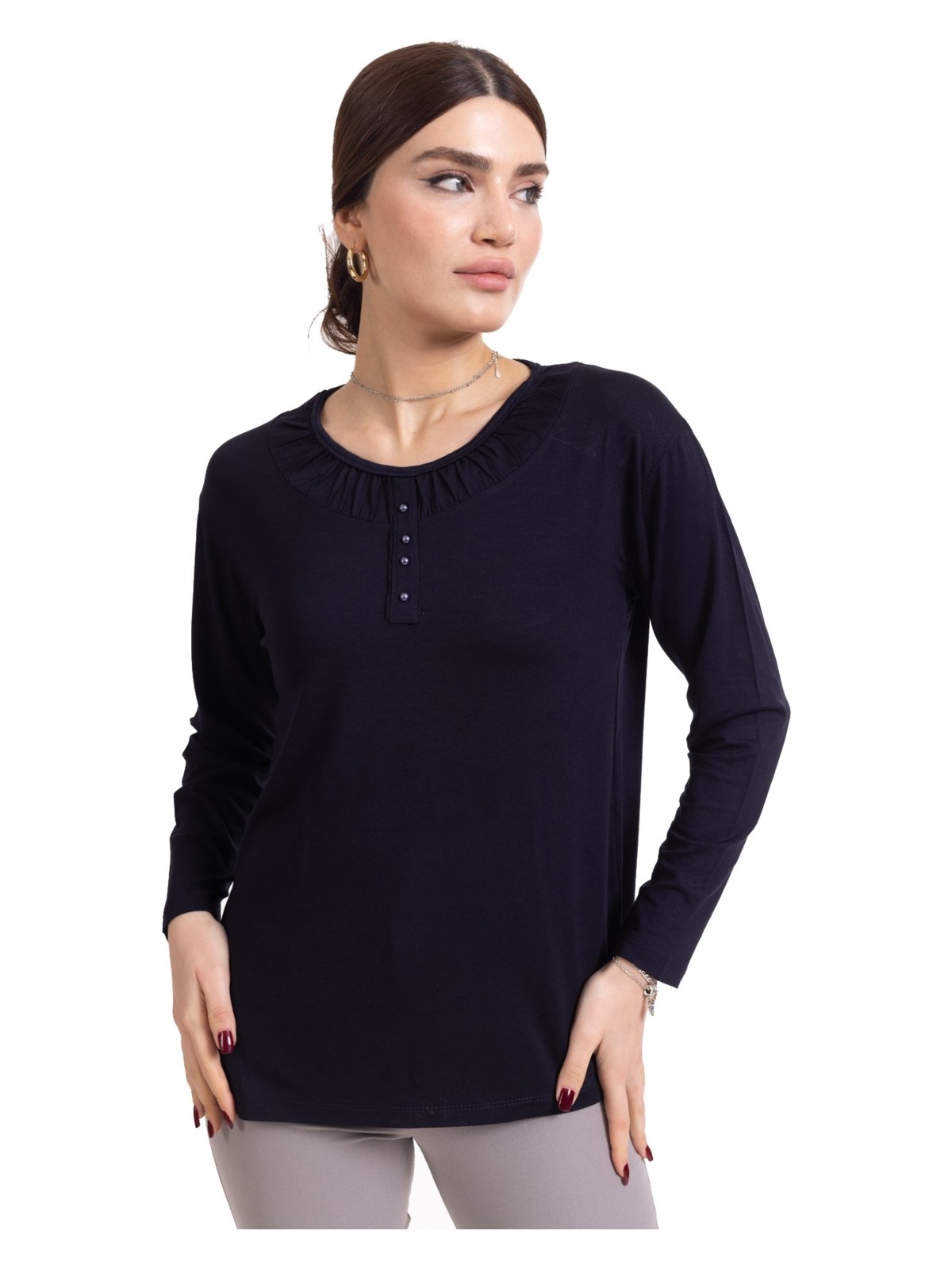 Mutlu City Yeni Sezon 2024 Sade Desen Yuvarlak Yaka Regular Kalıp Anne Penye Bluz 6380 - Görsel 8