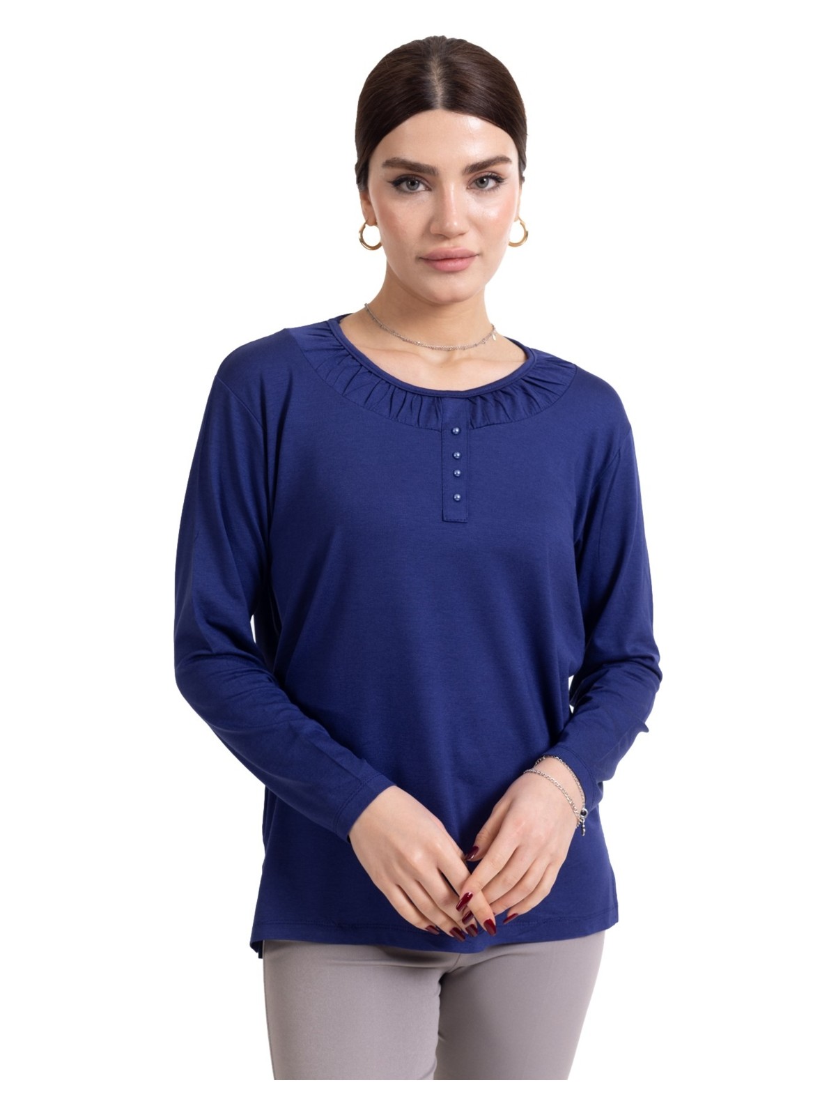 Mutlu City Yeni Sezon 2024 Sade Desen Yuvarlak Yaka Regular Kalıp Anne Penye Bluz 6380 - Görsel 7