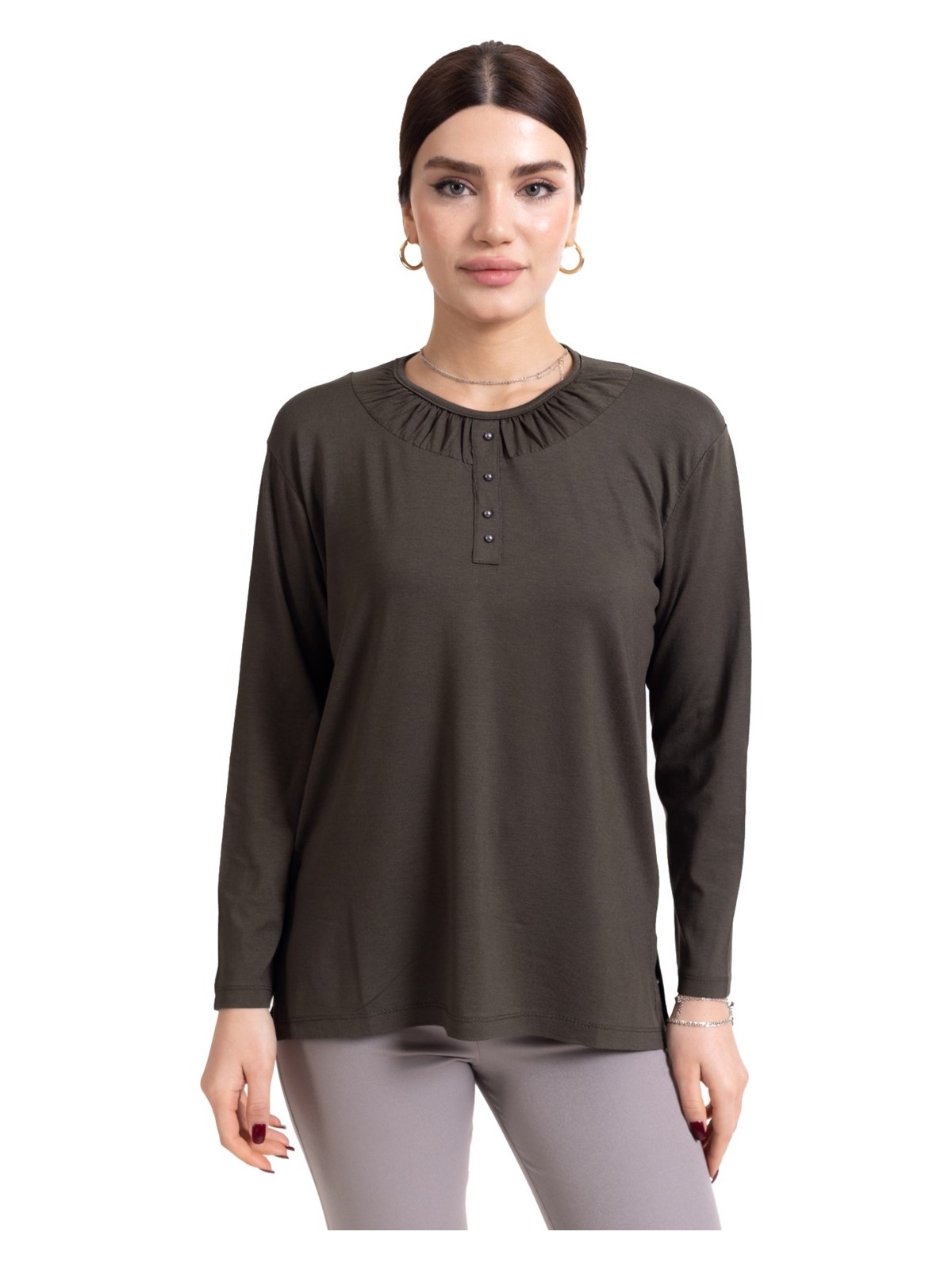 Mutlu City Yeni Sezon 2024 Sade Desen Yuvarlak Yaka Regular Kalıp Anne Penye Bluz 6380 - Görsel 6