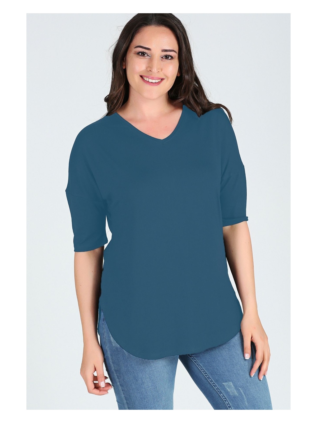 Curvy Trend Büyük Beden Yan Yırtmaç Yarım Kol Bluz