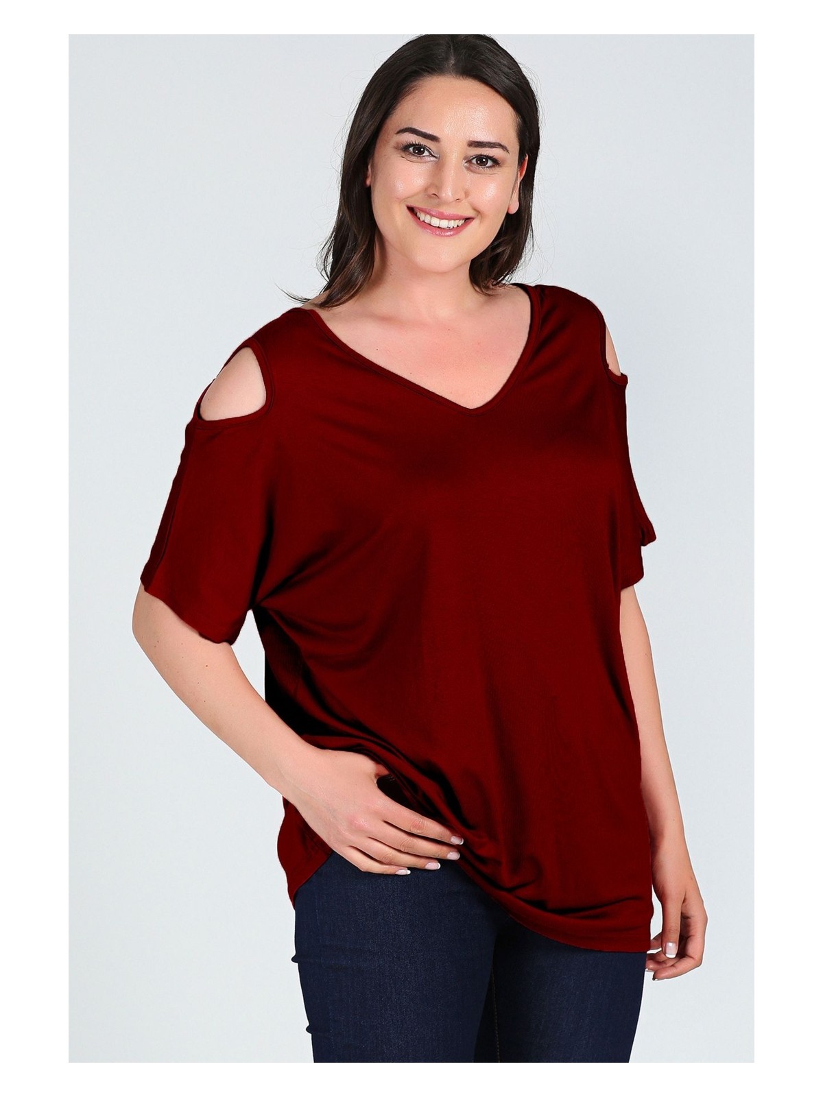 Curvy Trend Büyük Beden Omuzu V Pencere Kısa Kol Bluz