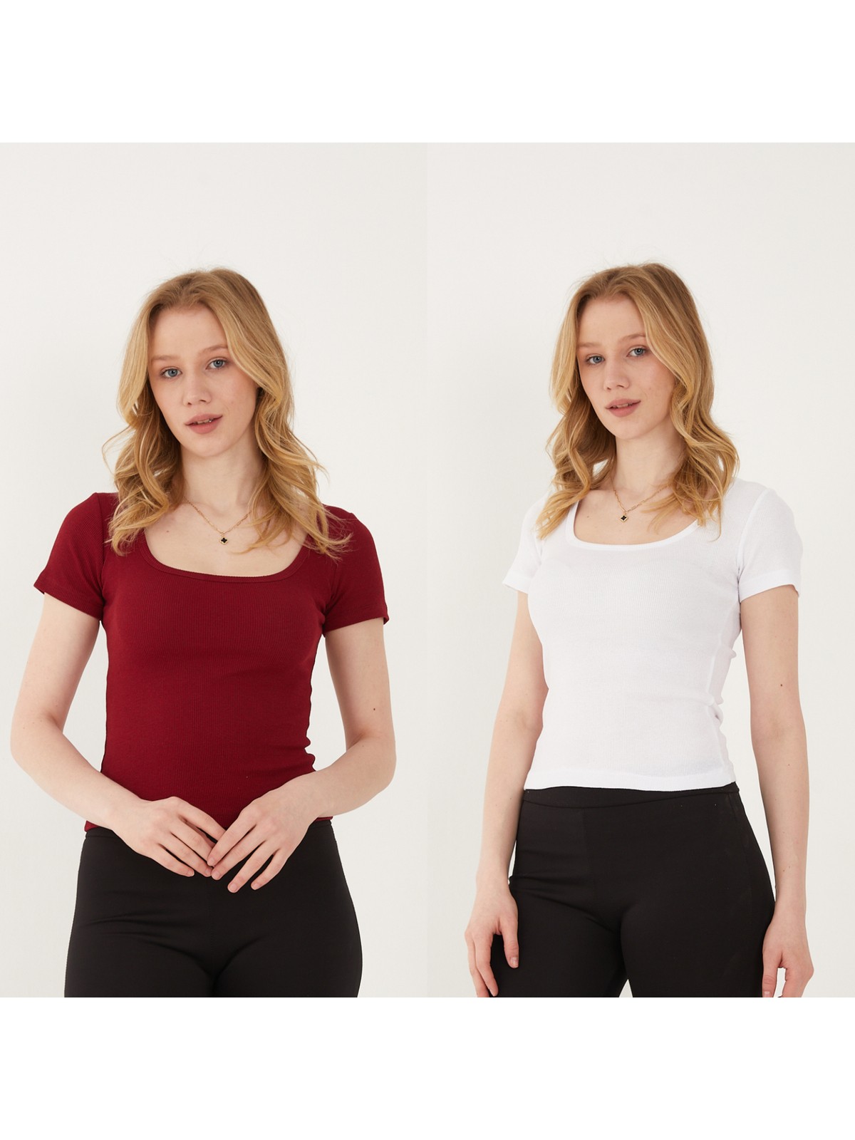 Wearflawless Kadın 2'li Adet Kısa Kollu Fitilli U Yaka Pamuklu Örme Kaşkorse T-Shirt Bluz