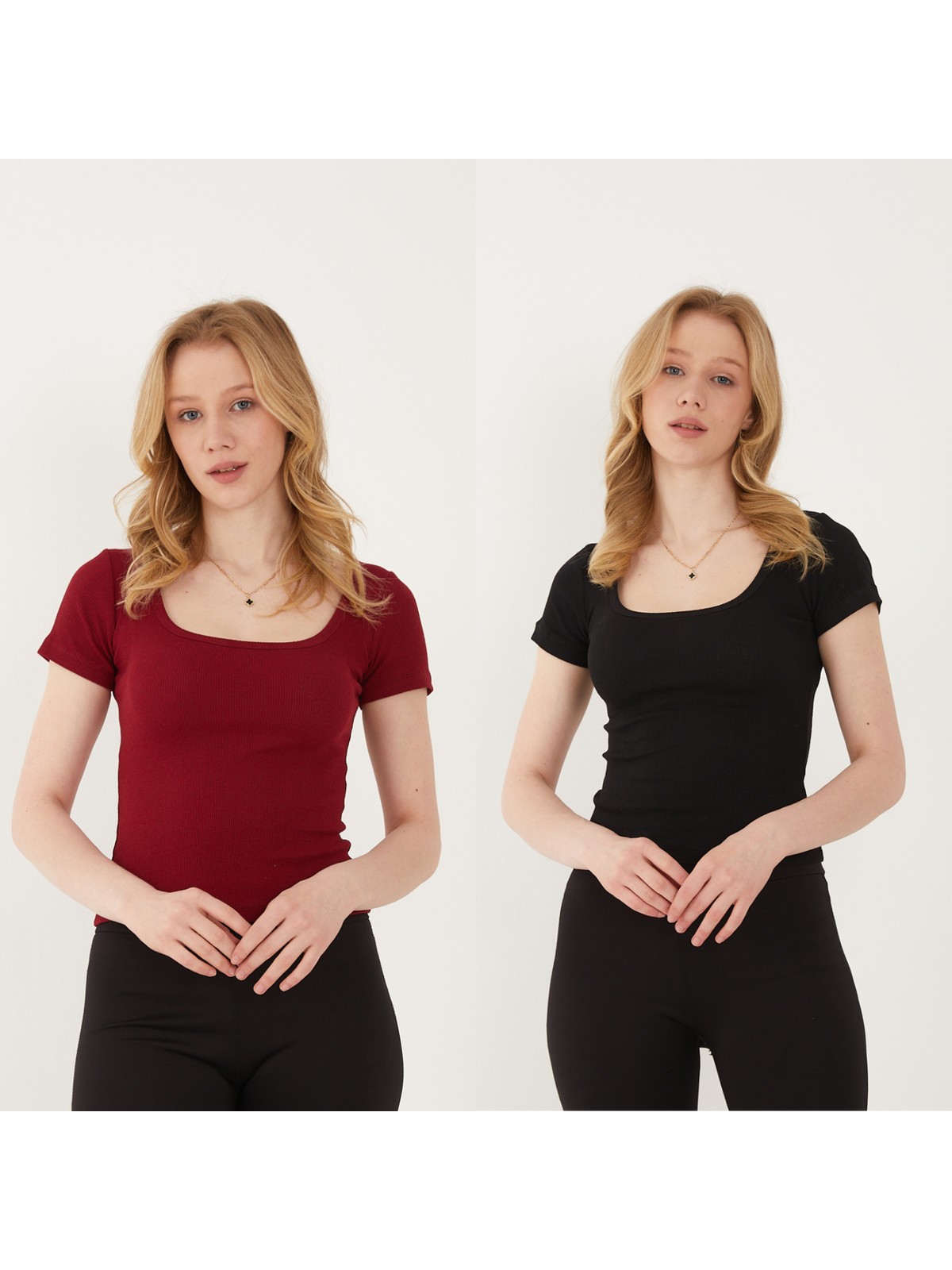 Wearflawless Kadın 2'li Adet Kısa Kollu Fitilli U Yaka Pamuklu Örme Kaşkorse T-Shirt Bluz