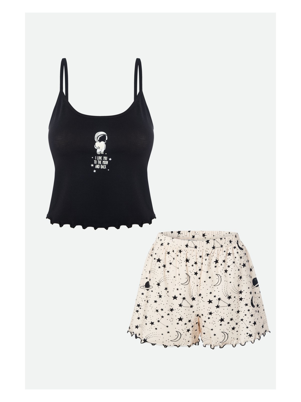 Koza İç Giyim Kadın Ince Askılı Desenli Pamuklu Şortlu Pijama Takımı