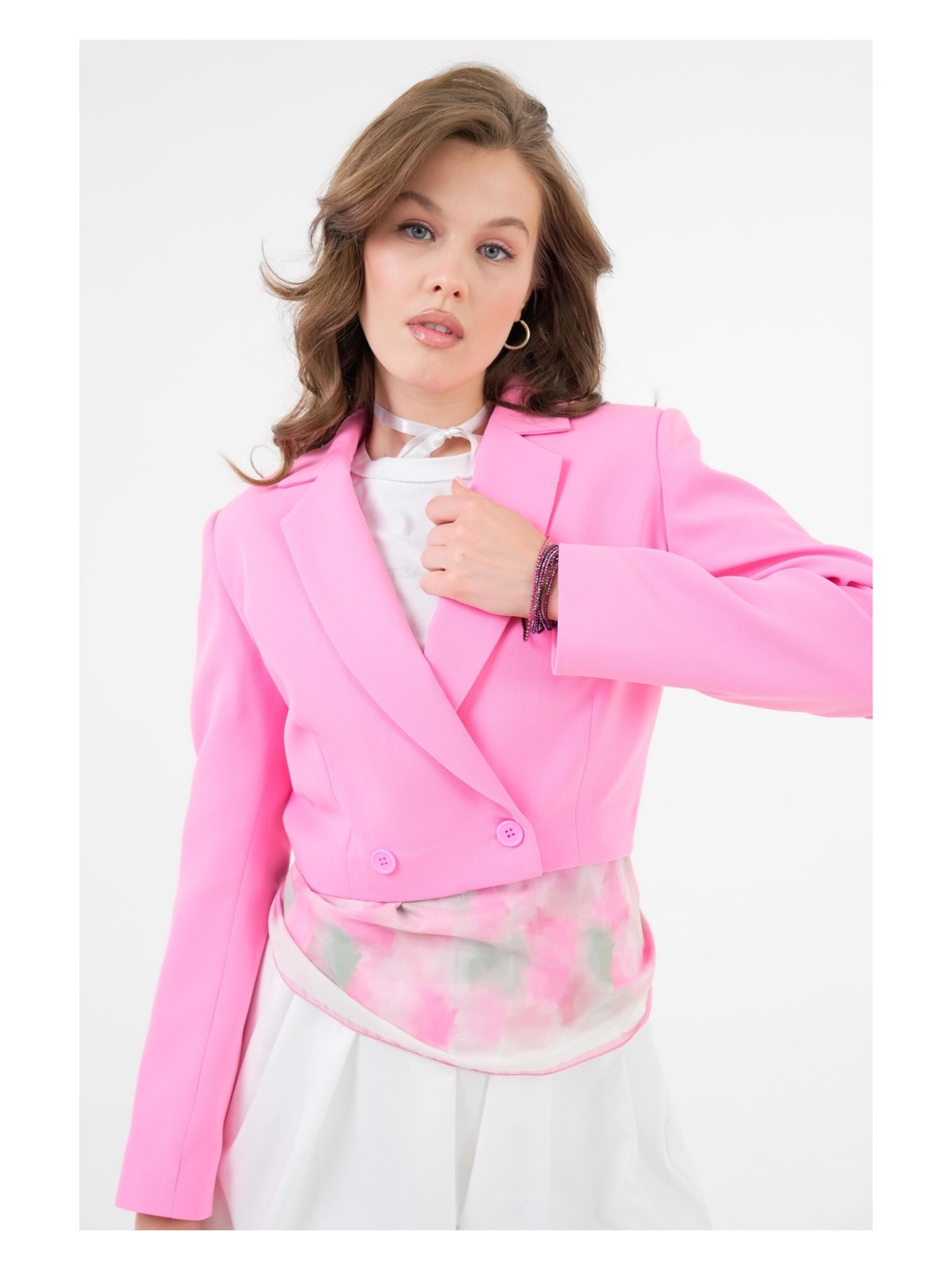 Saade Pembe Kruvaze Crop Blazer Ceket
