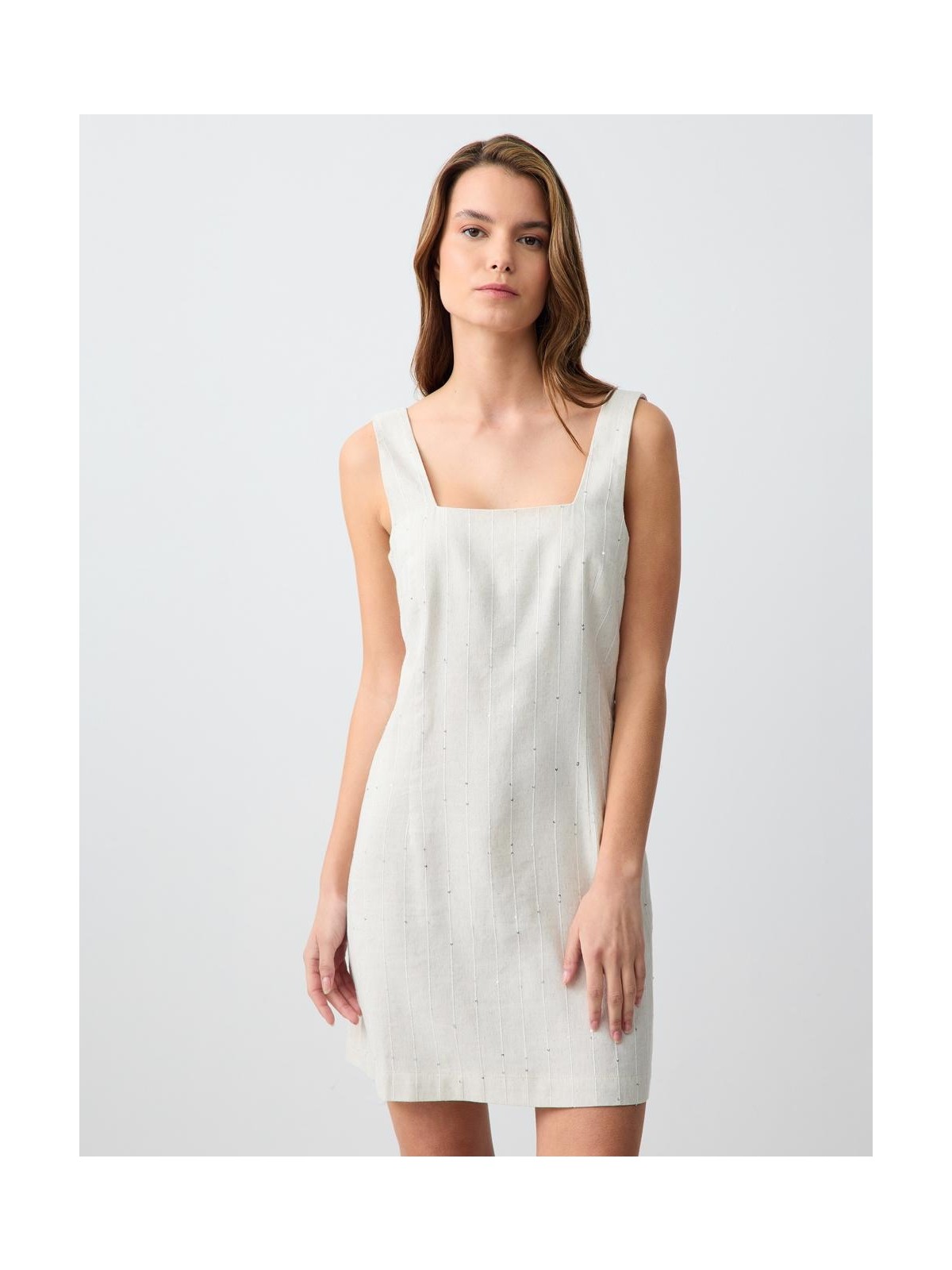 Jimmy Key Taş Kare Yaka Kolsuz Dokuma Keten Mini Elbise