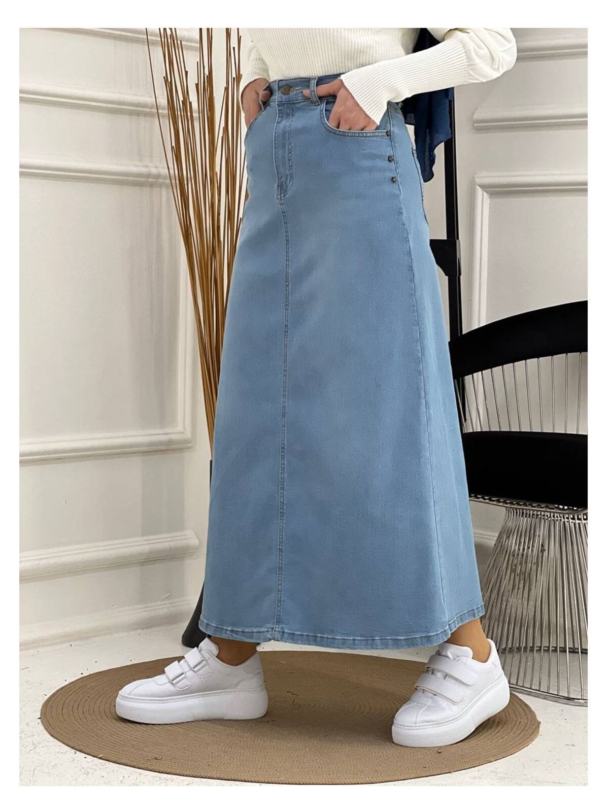 Vellichor Doğal Kumaşlı Yıldız Rivetli Kot Etek - Görsel 5