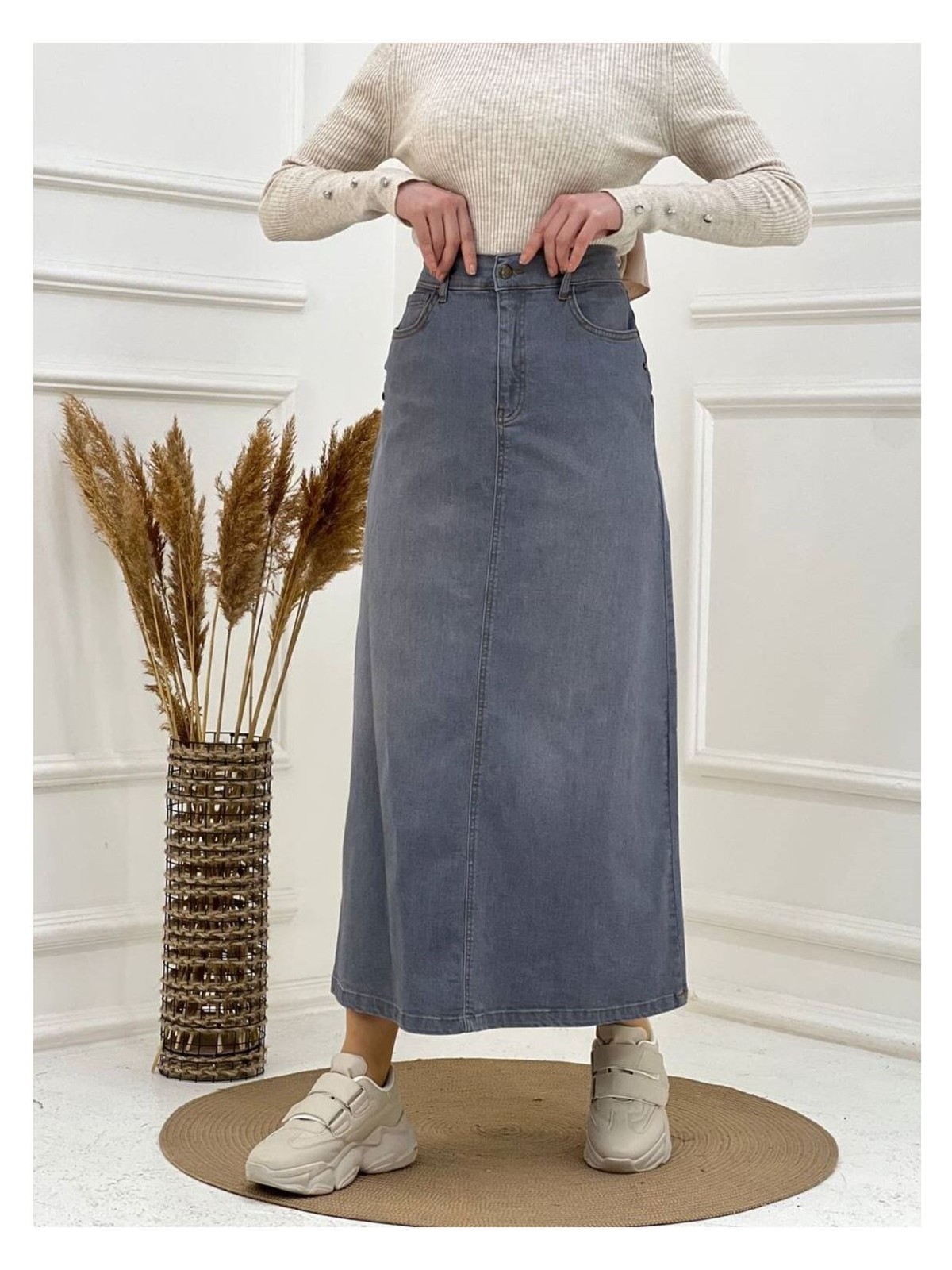 Vellichor Doğal Kumaşlı Yıldız Rivetli Kot Etek - Görsel 6