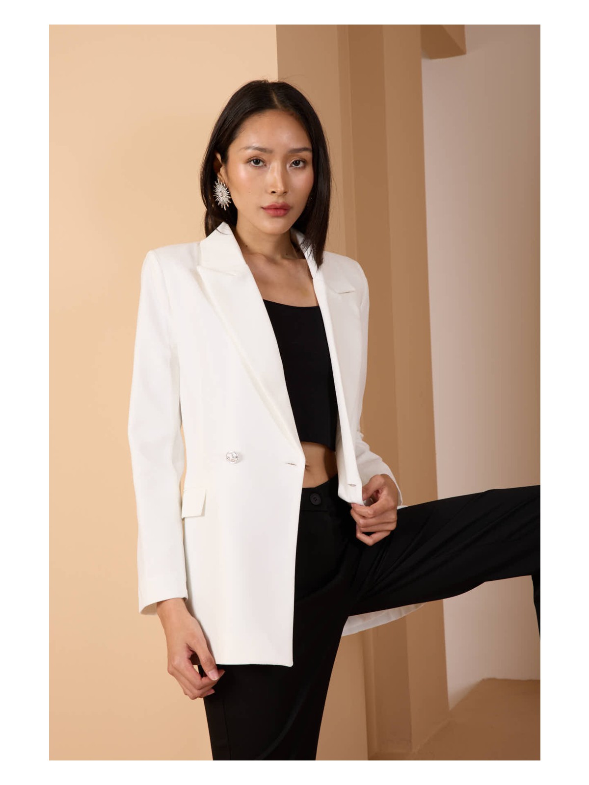 Bolivente Beyaz Oversize Dokuma Blazer Ceket