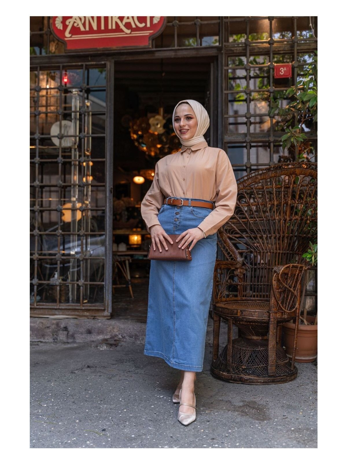 Vellichor Doğal Kumaşlı Kemerli Kot Etek- Siyah - Görsel 5