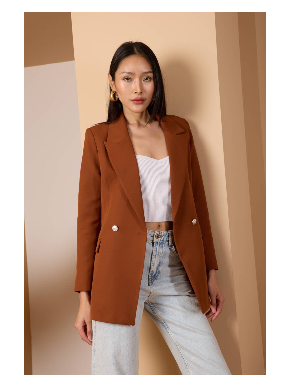 Bolivente Beyaz Oversize Dokuma Blazer Ceket - Görsel 5