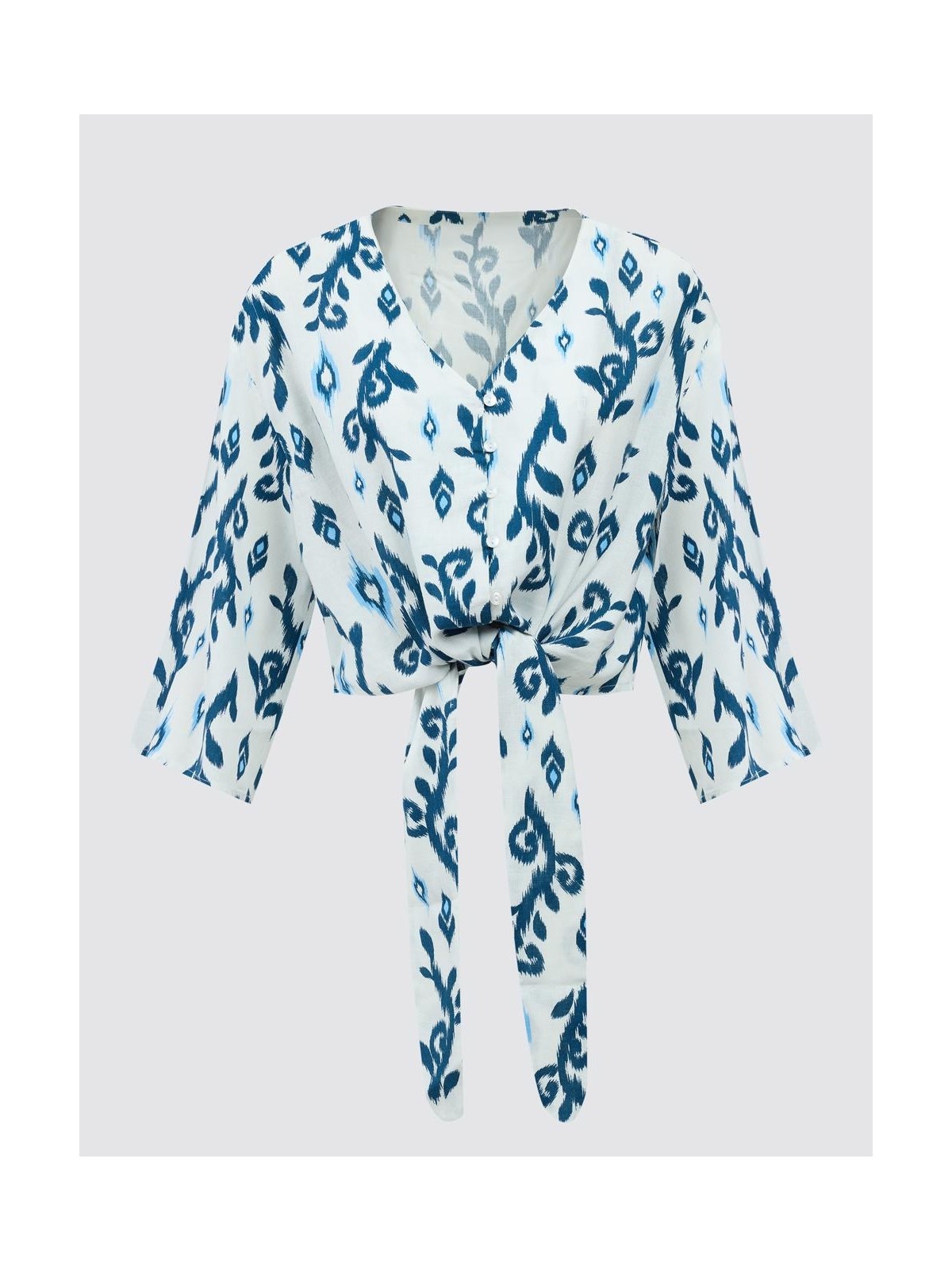 Jimmy Key Yeşil V Yaka Truvakar Kol Desenli Crop Keten Gömlek