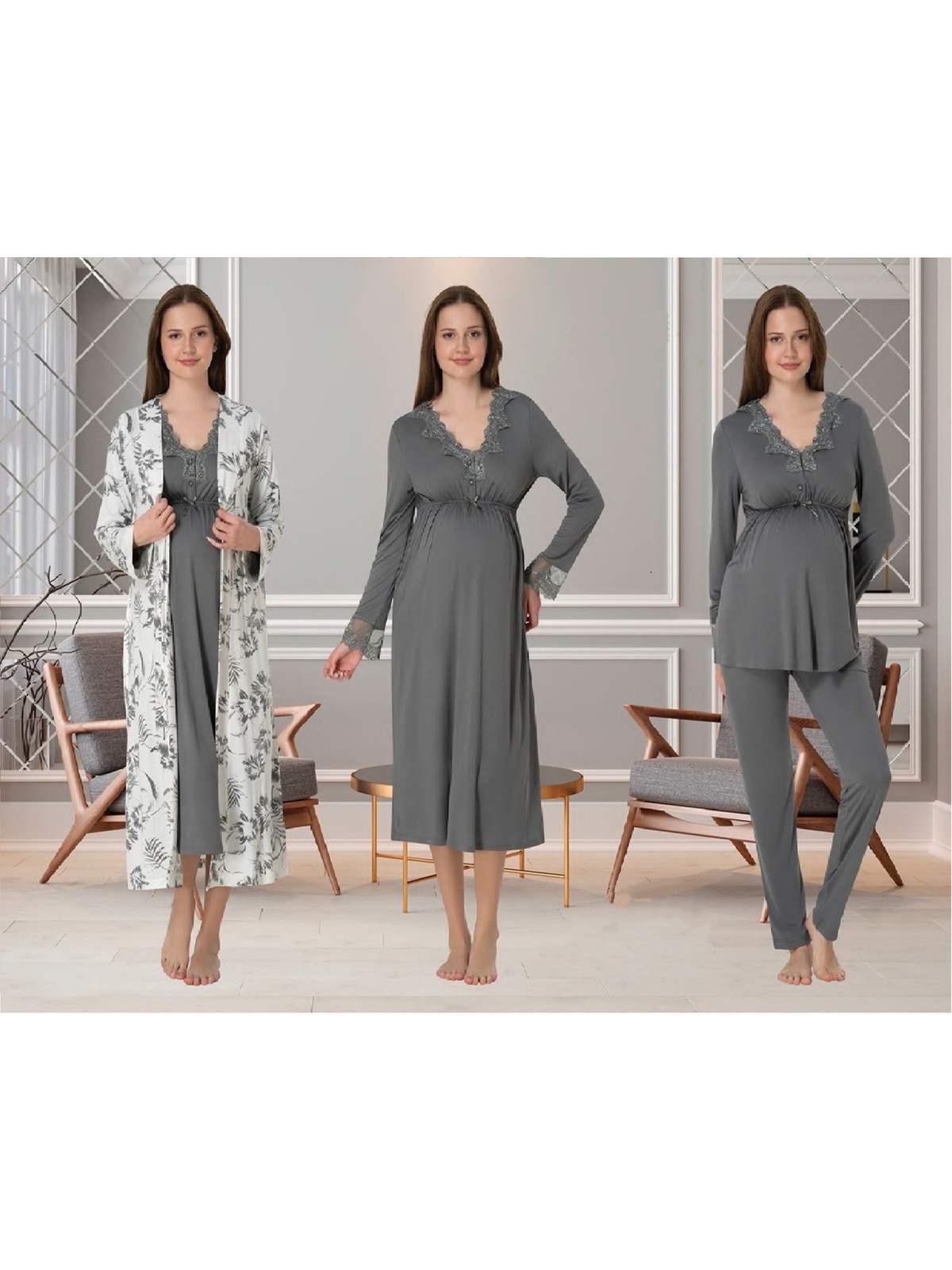 Effortt Dvina Effortt Lohusa 4'lü Set - Sabahlık/pijama Takımı/gecelik Siyah - 8096 - Görsel 6