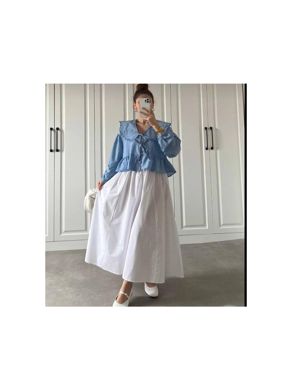 Moda Ulu Çift Cepli Beli Lastikli İç Göstermez Uzun Etek Poplin Kumaş (90) cm - Görsel 4