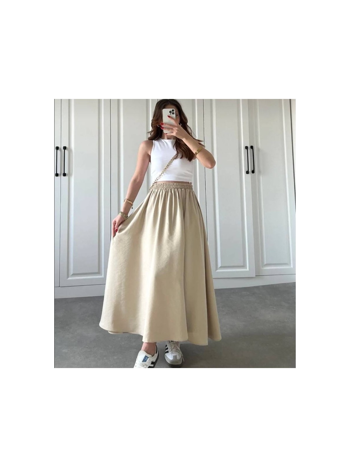 Moda Ulu Çift Cepli Beli Lastikli İç Göstermez Uzun Etek Poplin Kumaş (90) cm