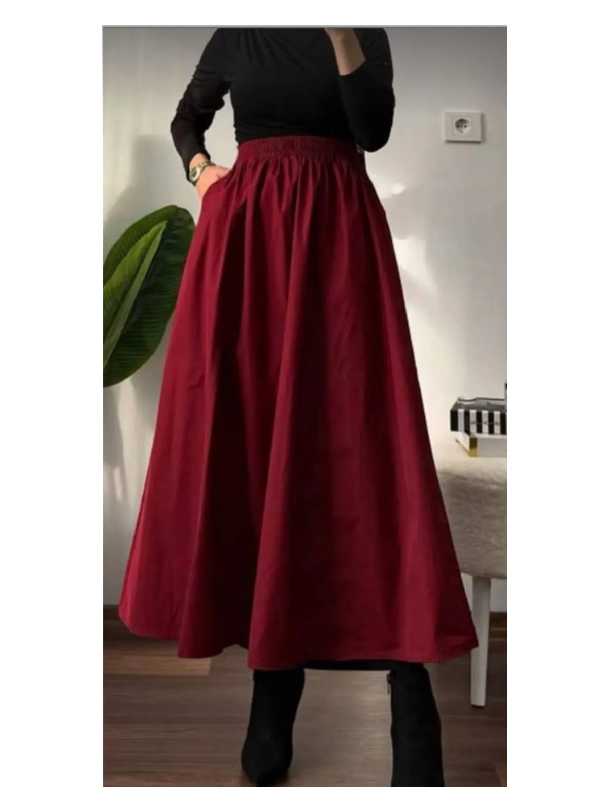 Moda Ulu Çift Cepli Beli Lastikli İç Göstermez Uzun Etek Poplin Kumaş (90) cm - Görsel 6