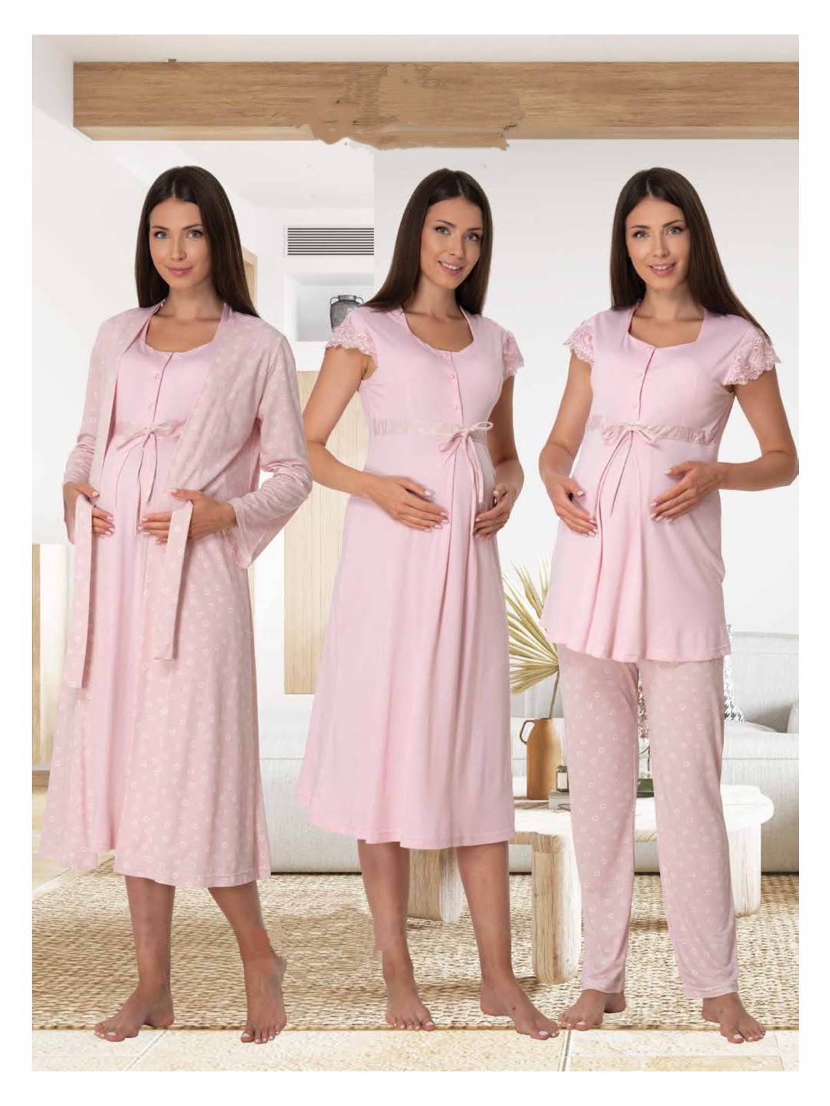 Effortt Dvina Effortt Lohusa 4'lü Set - Sabahlık/pijama Takımı/gecelik Lacivert - 6016 - Görsel 5