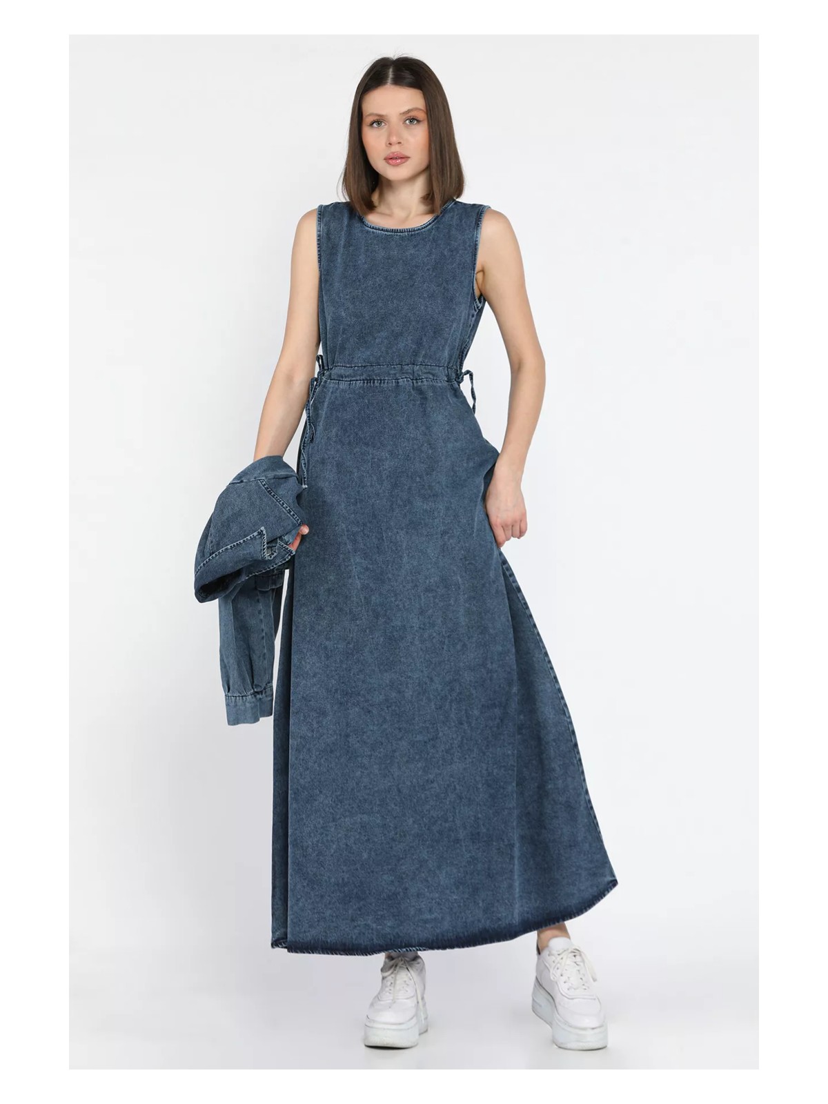 Gülseli Kadın Bel Bağlamalı Jean Kot Elbise Ceket Ikili Takım P-00015805