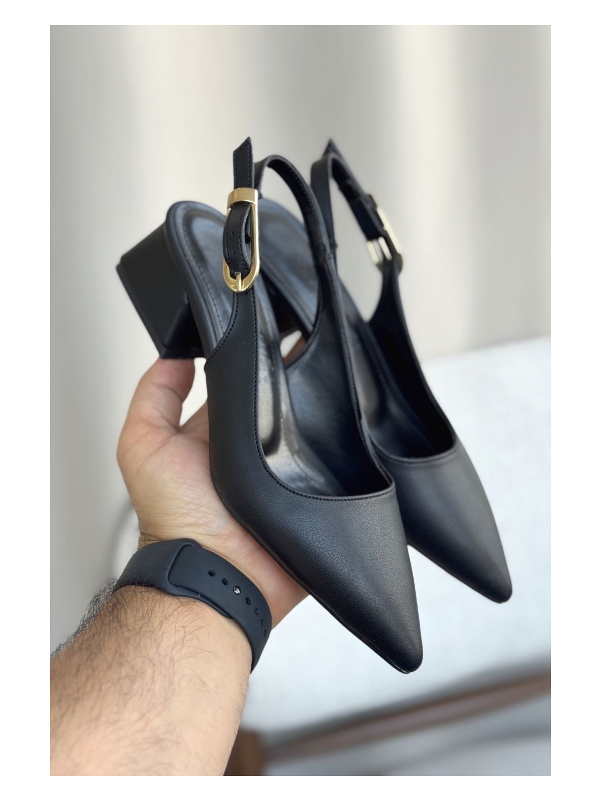 Moda Adam Kadın Mely Tokalı Kısa Topuklu Ayakkabı - Siyah-Deri