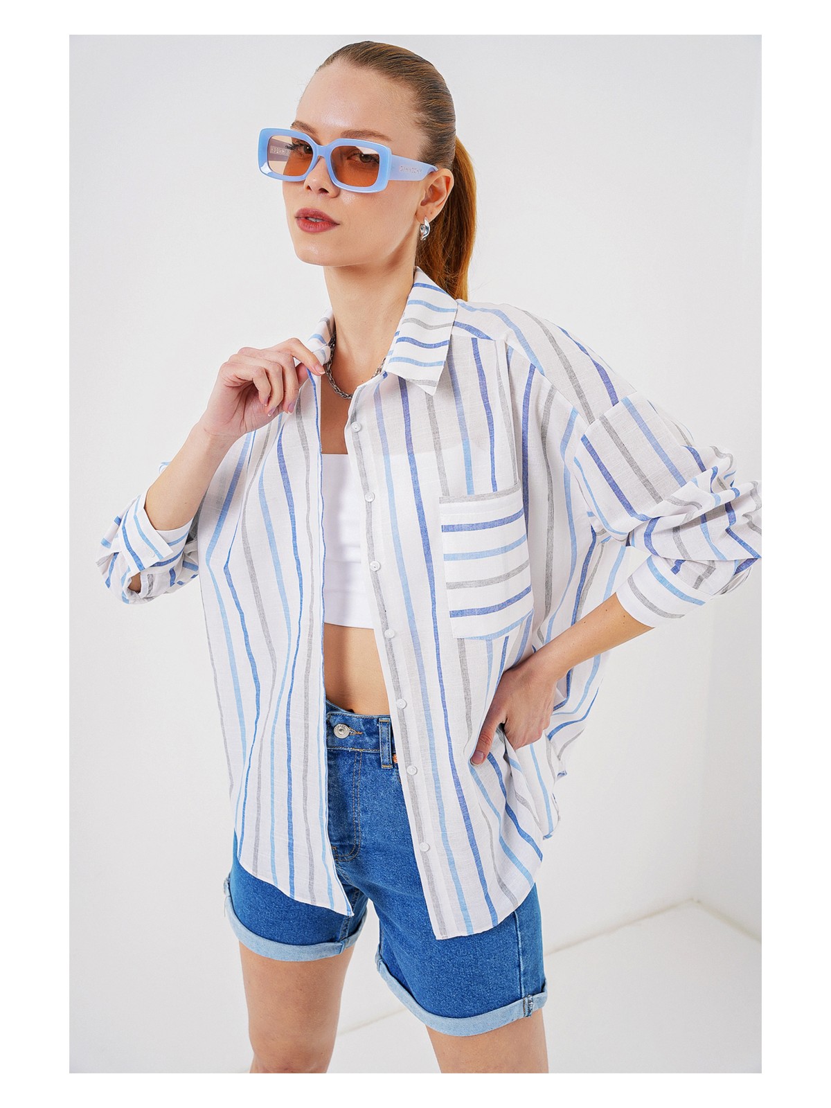 Bigdart Kadın Çizgili Oversize Gömlek 20278 - Mavi