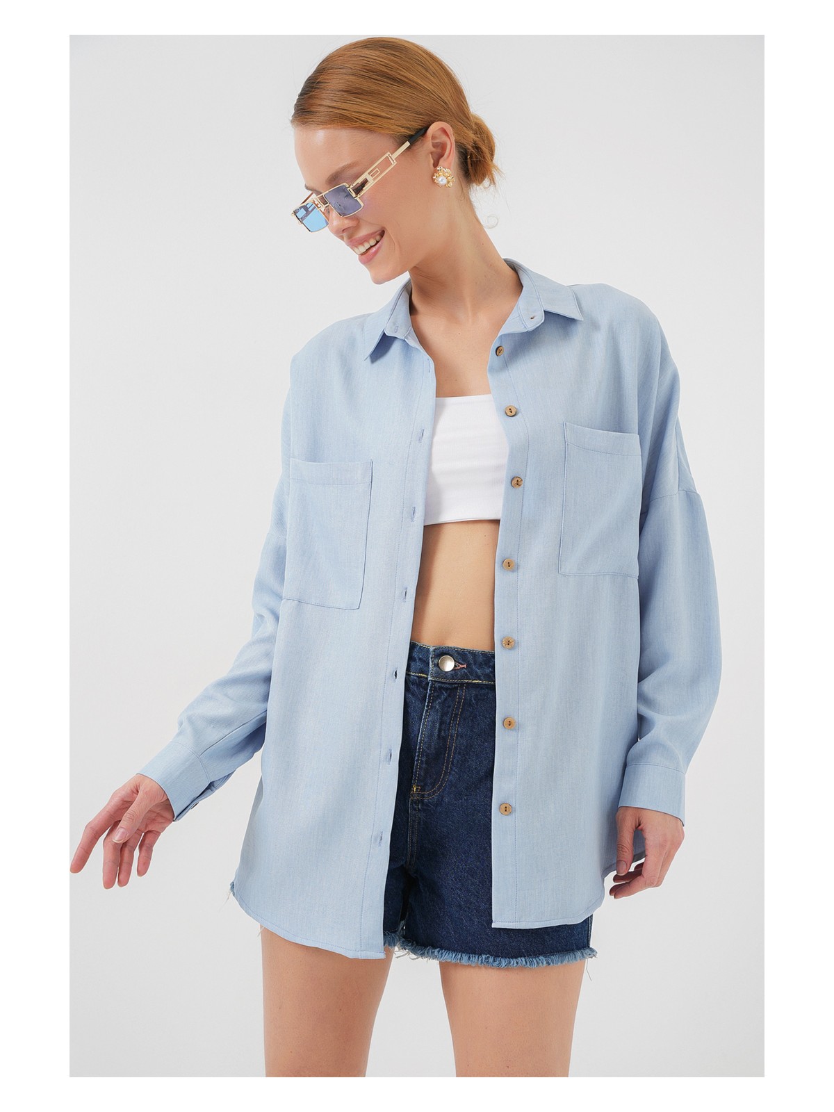 Bigdart 20126 Oversize Keten Gömlek - Mavi