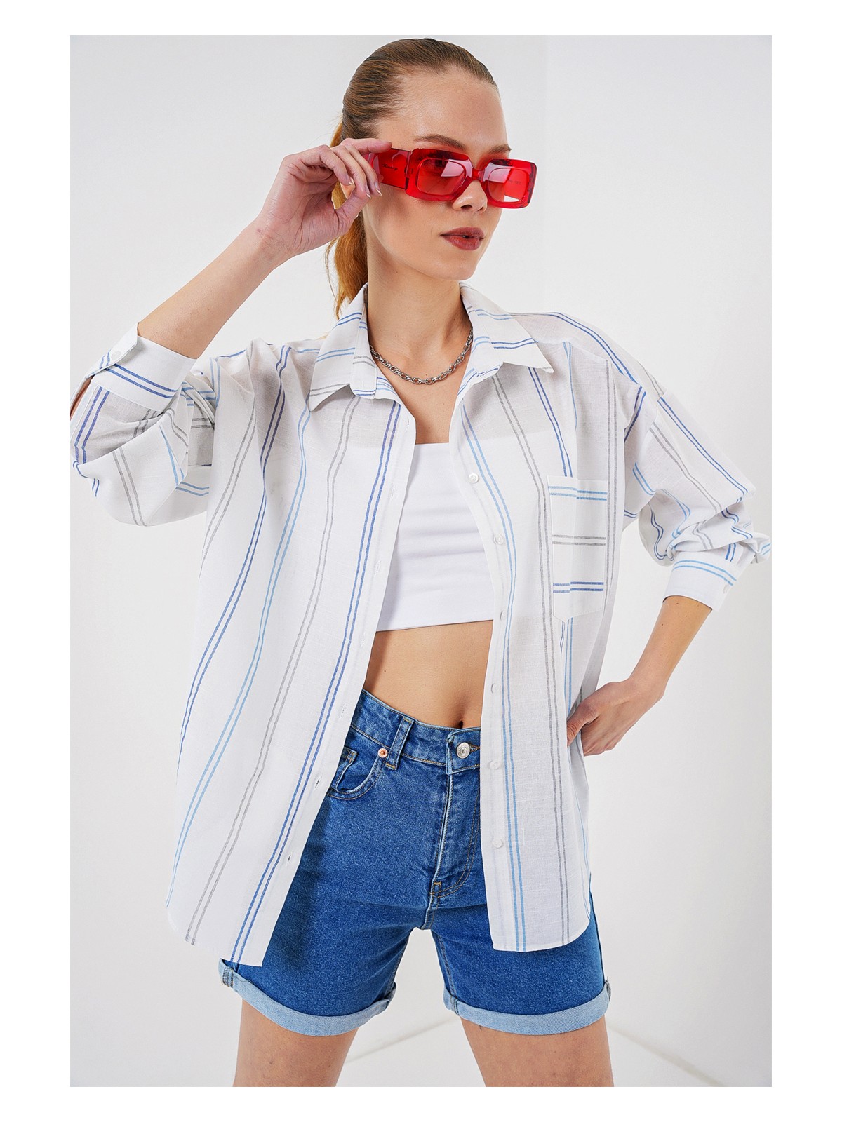 Bigdart Kadın Çizgili Oversize Gömlek 20278 - Kırmızı - Görsel 3