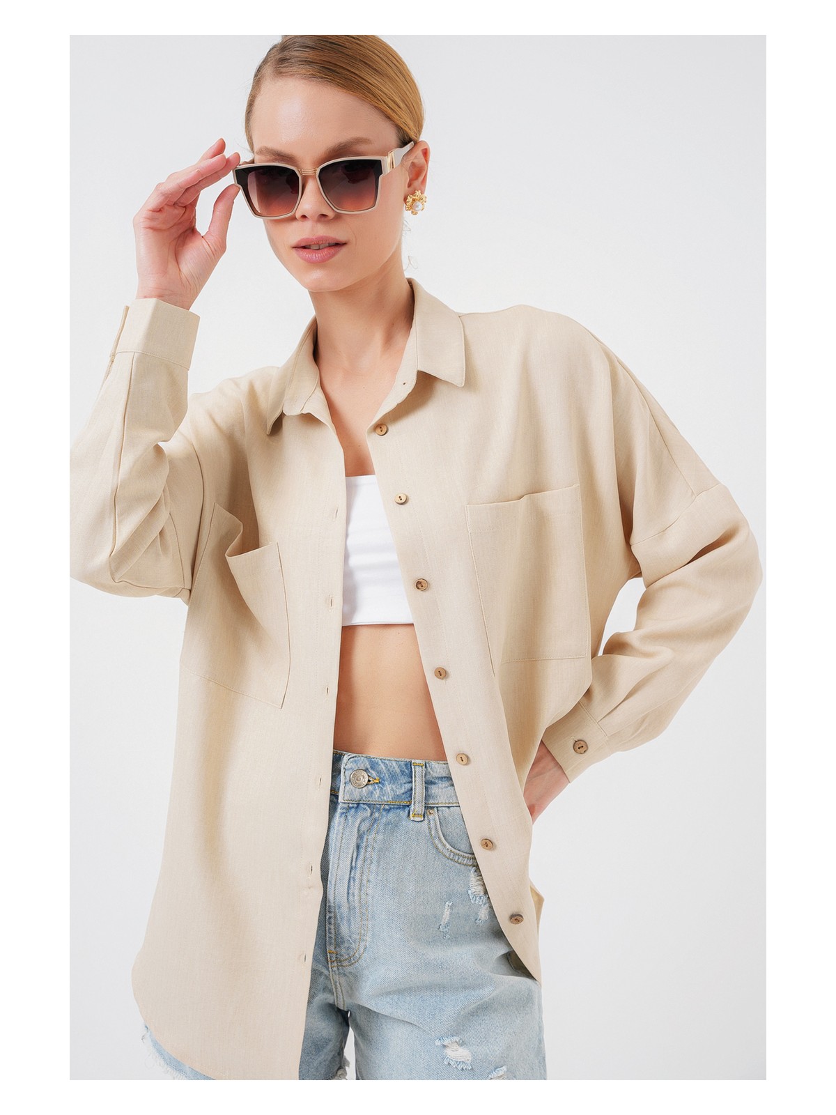 Bigdart 20126 Oversize Keten Gömlek - Mavi - Görsel 4