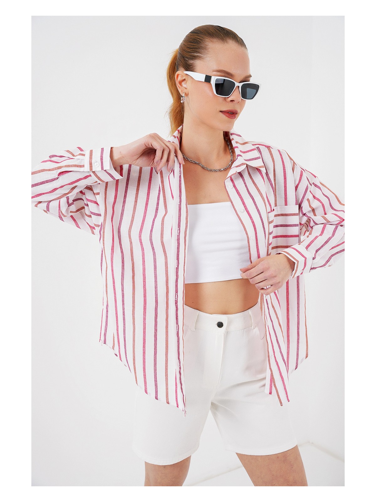 Bigdart Kadın Çizgili Oversize Gömlek 20278 - Mavi - Görsel 5