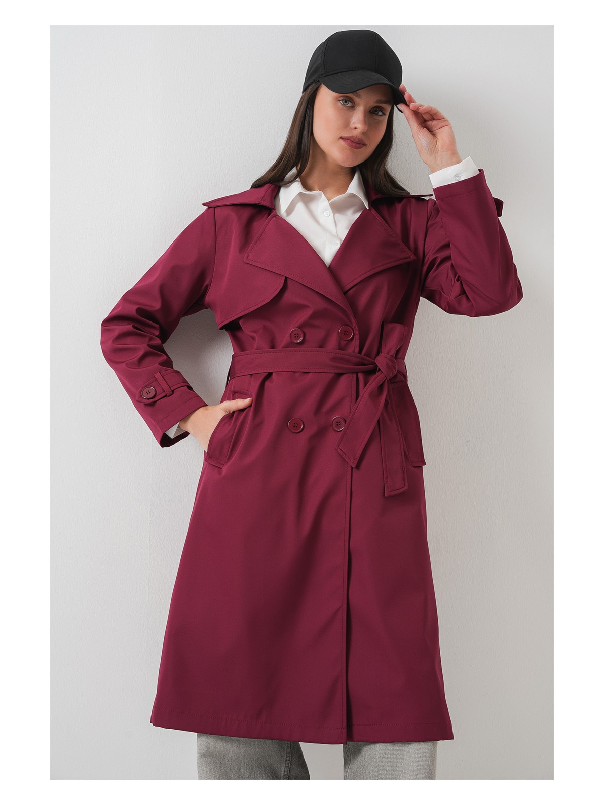 Bigdart 5918 Gri Kruvaze Yaka Trençkot Kadın Regular Kalıp Polyester Malzeme Özellikleri - Görsel 3