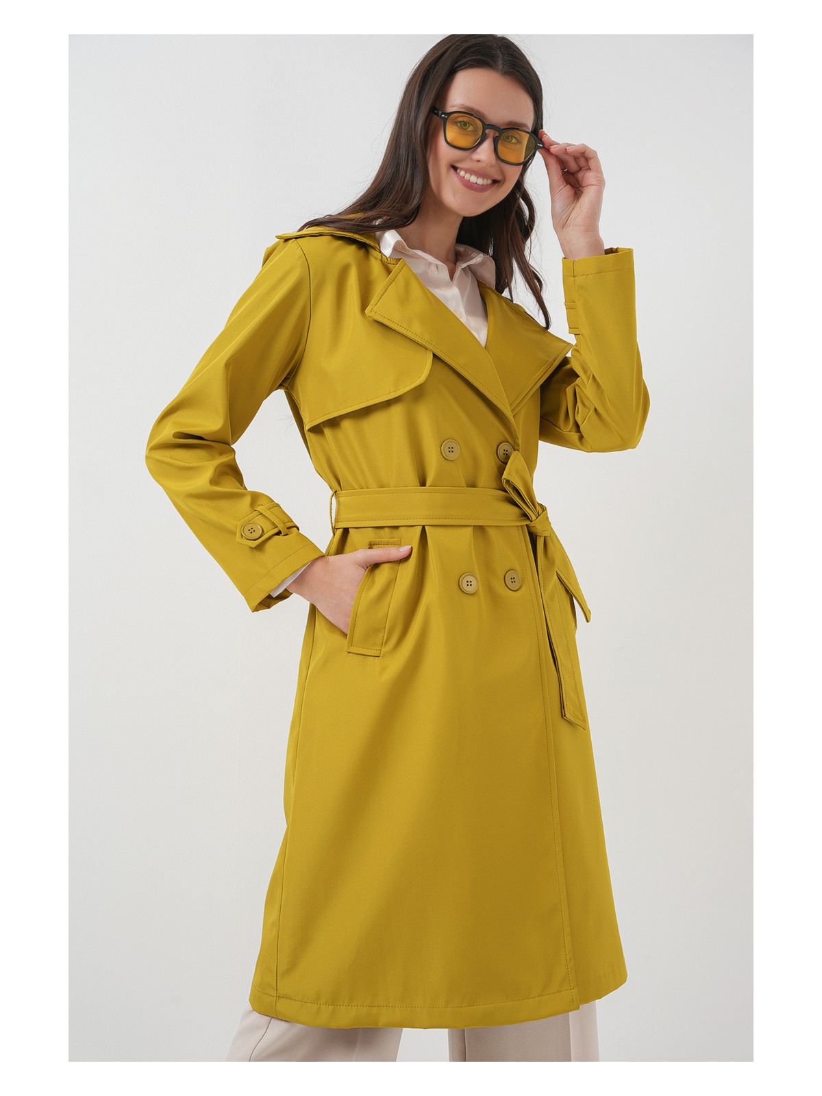 Bigdart 5918 Gri Kruvaze Yaka Trençkot Kadın Regular Kalıp Polyester Malzeme Özellikleri - Görsel 4