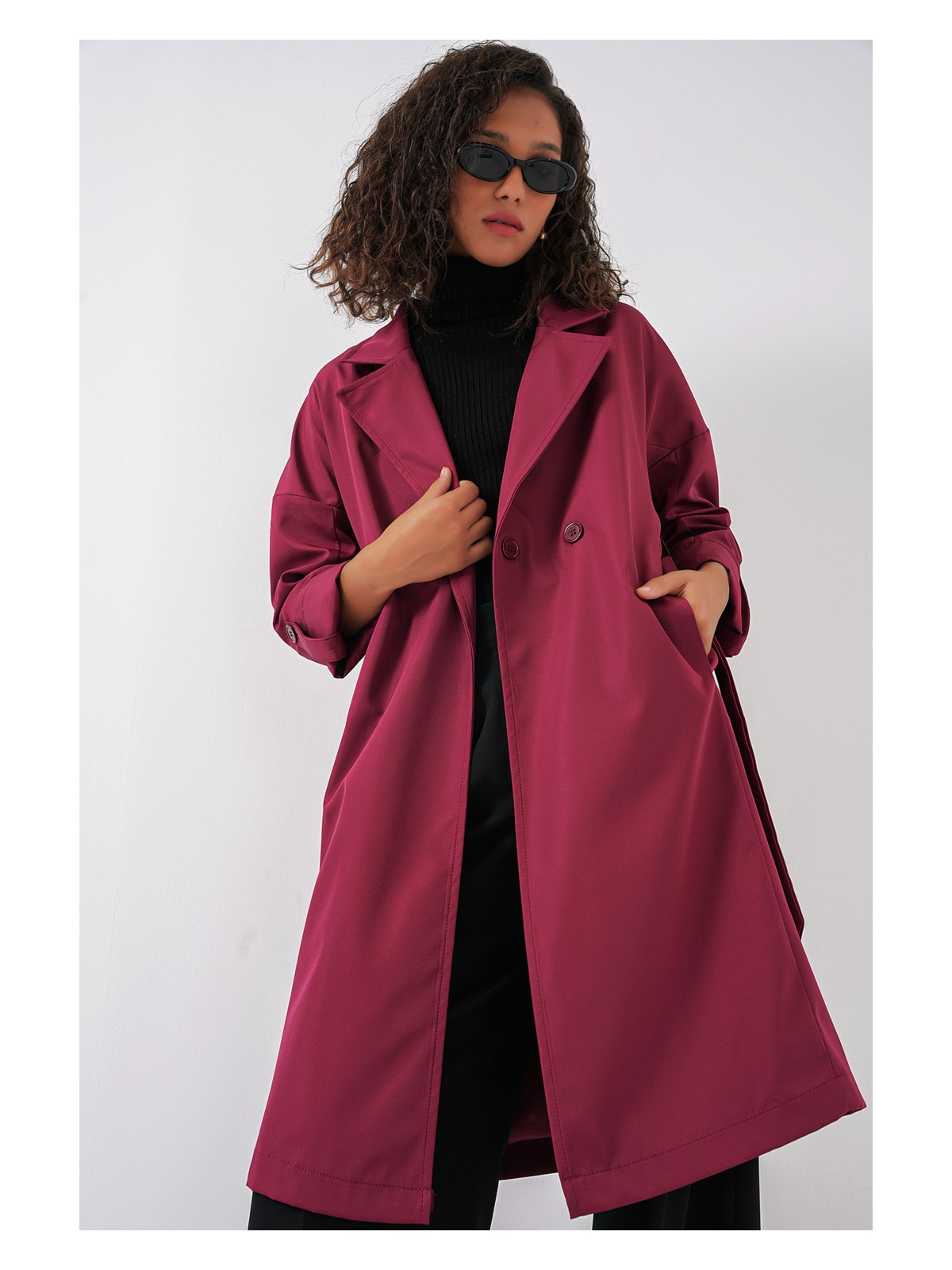 Bigdart 9104 Kadın Trençkot E. Kahve Renk Kruvaze Yaka 100% Polyester Astar - Görsel 3