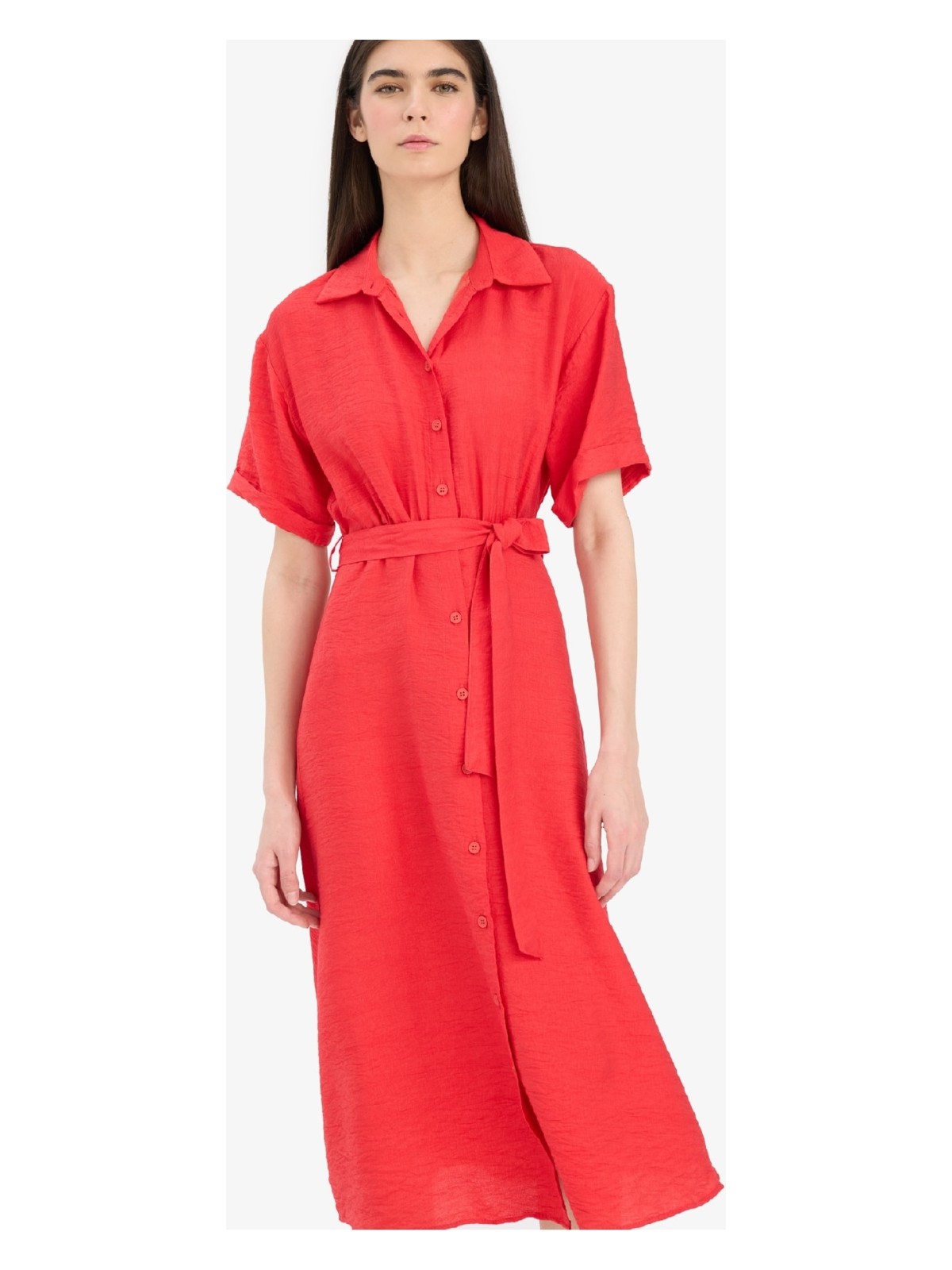 DeFacto Gömlek Yaka Kuşaklı Kısa Kollu Midi Yazlık Elbise F2113AX25SM - Görsel 3