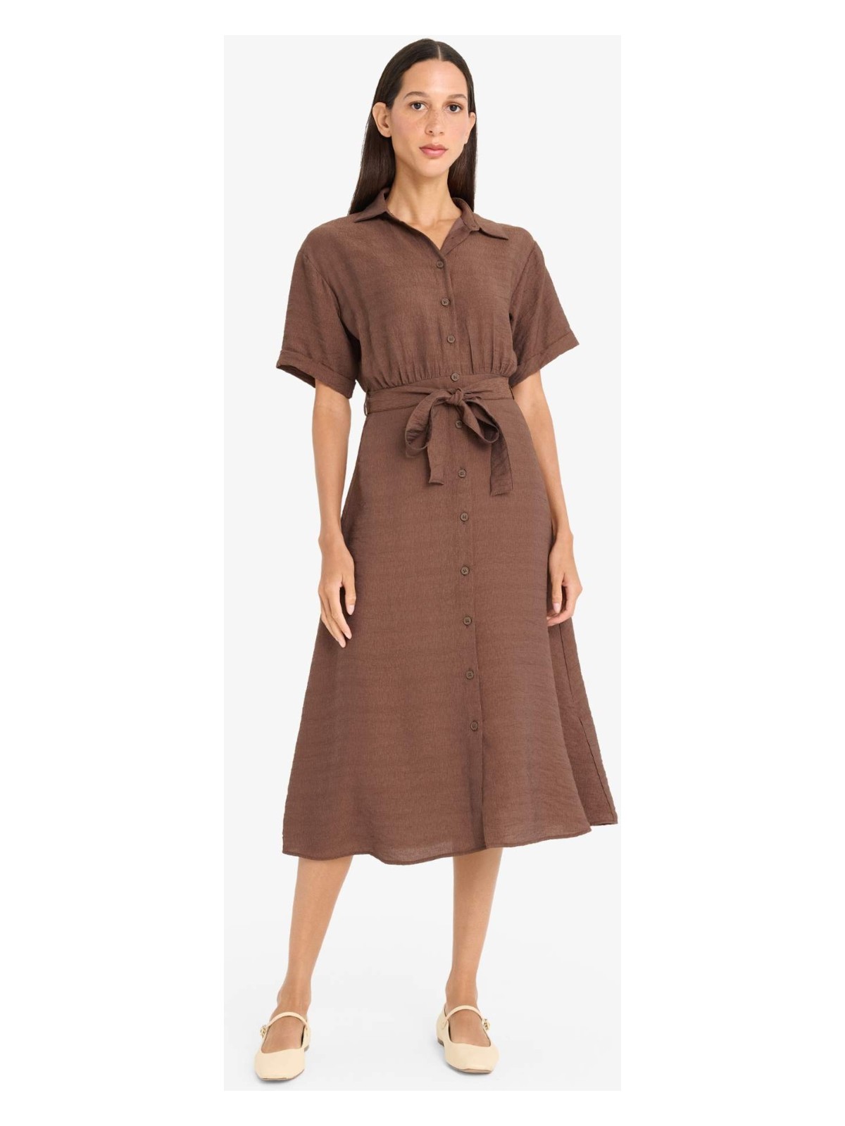 DeFacto Gömlek Yaka Kuşaklı Kısa Kollu Midi Yazlık Elbise F2113AX25SM