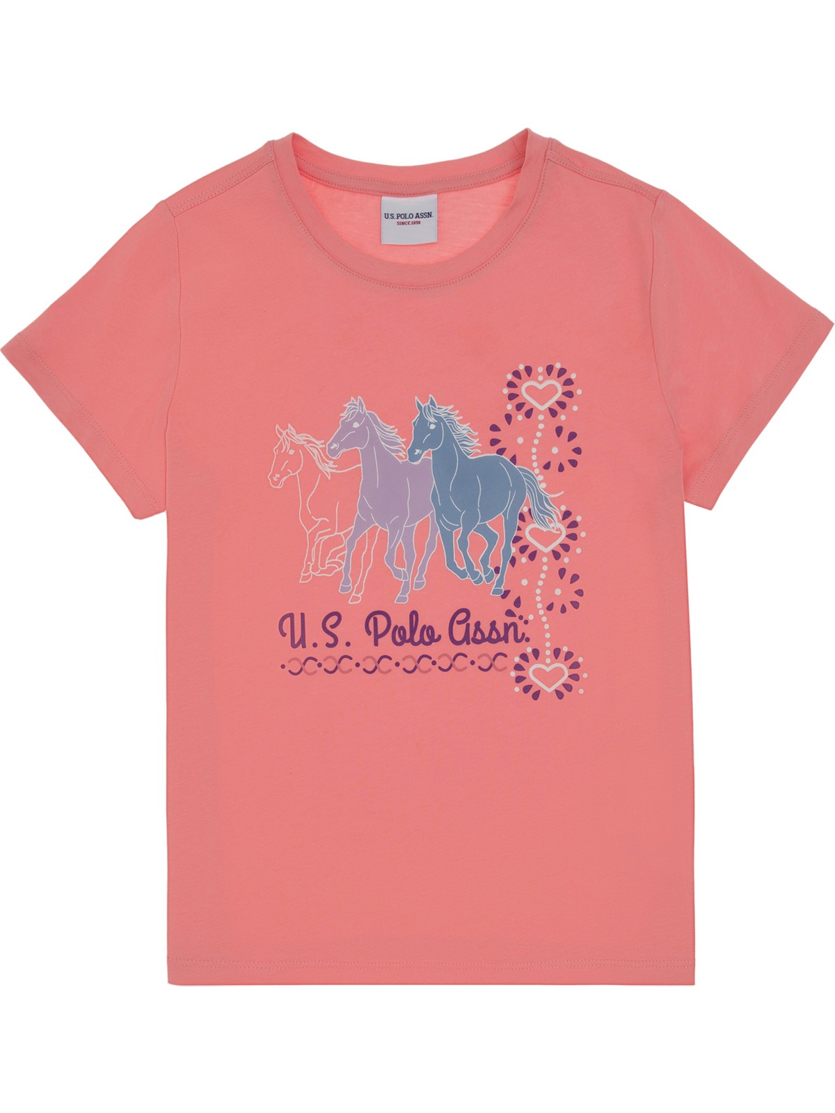 U.S. Polo Assn. Kız Çocuk Pembe Bisiklet Yaka At Baskılı Pamuk Tişört 50306200-VR041