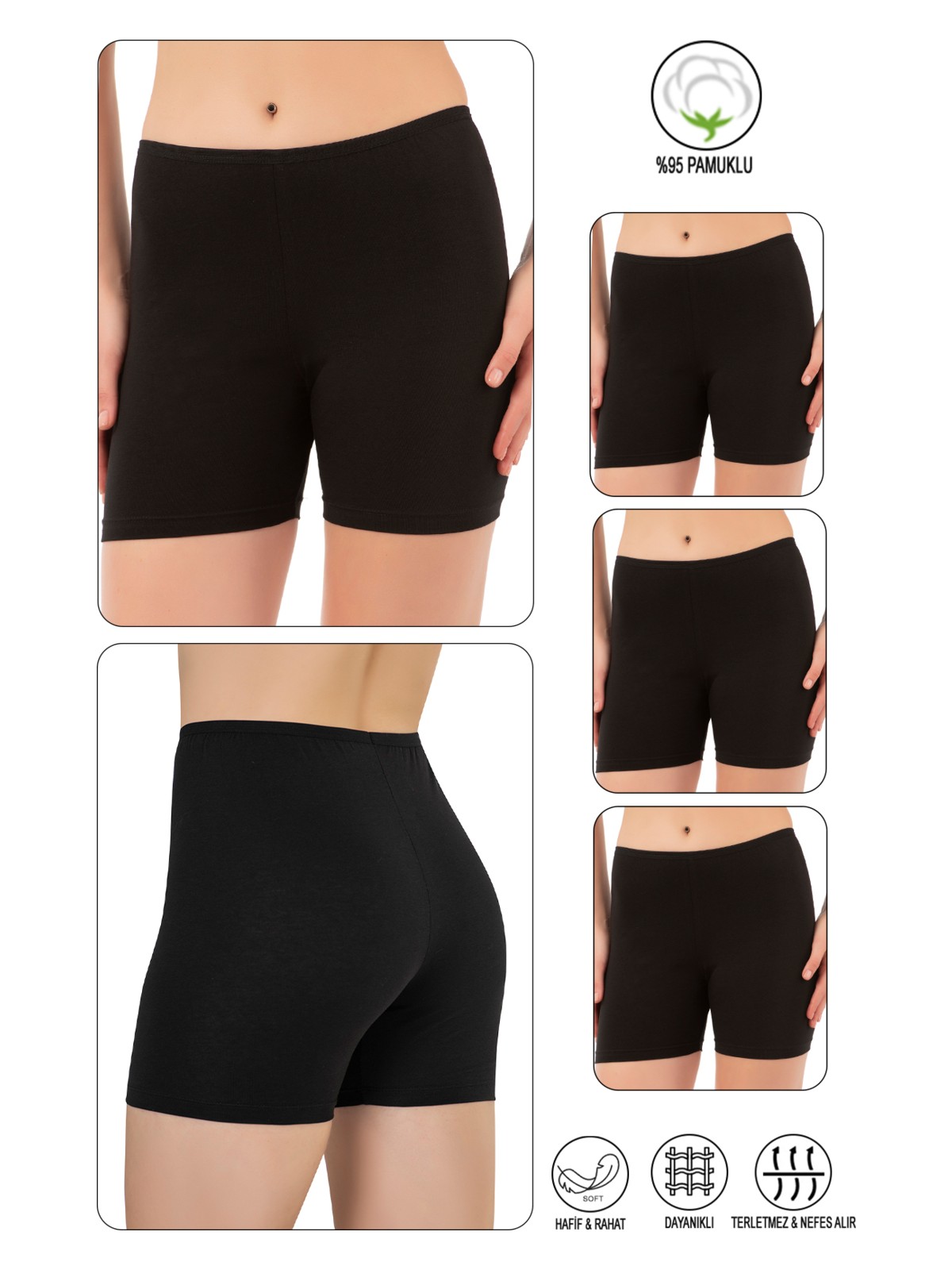 Özkan Underwear Özkan 26591 3'lü Paket Kadın Pamuklu Likralı Esnek Ara Boy Diz Üstü Kısa Tayt Şort Boxer