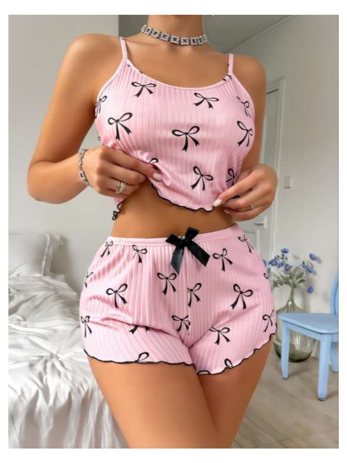 Real Passione Lingerie Kadın Kurdele Desenli Pembe Likralı Gecelik Şort Takım