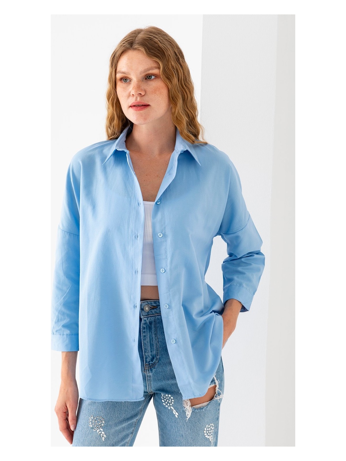 Giysa Kadın Siyah Uzun Kollu Basic Pamuklu Oversize Gömlek - 3900 - Görsel 6