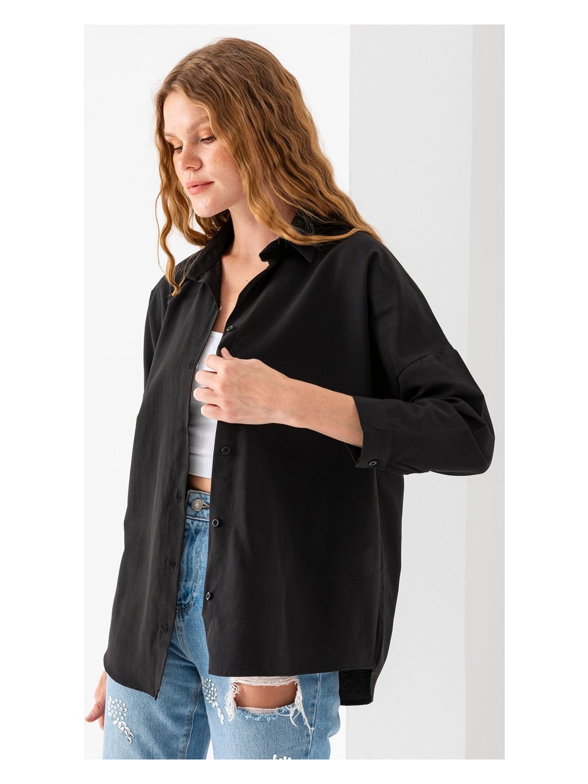 Giysa Kadın Siyah Uzun Kollu Basic Pamuklu Oversize Gömlek - 3900