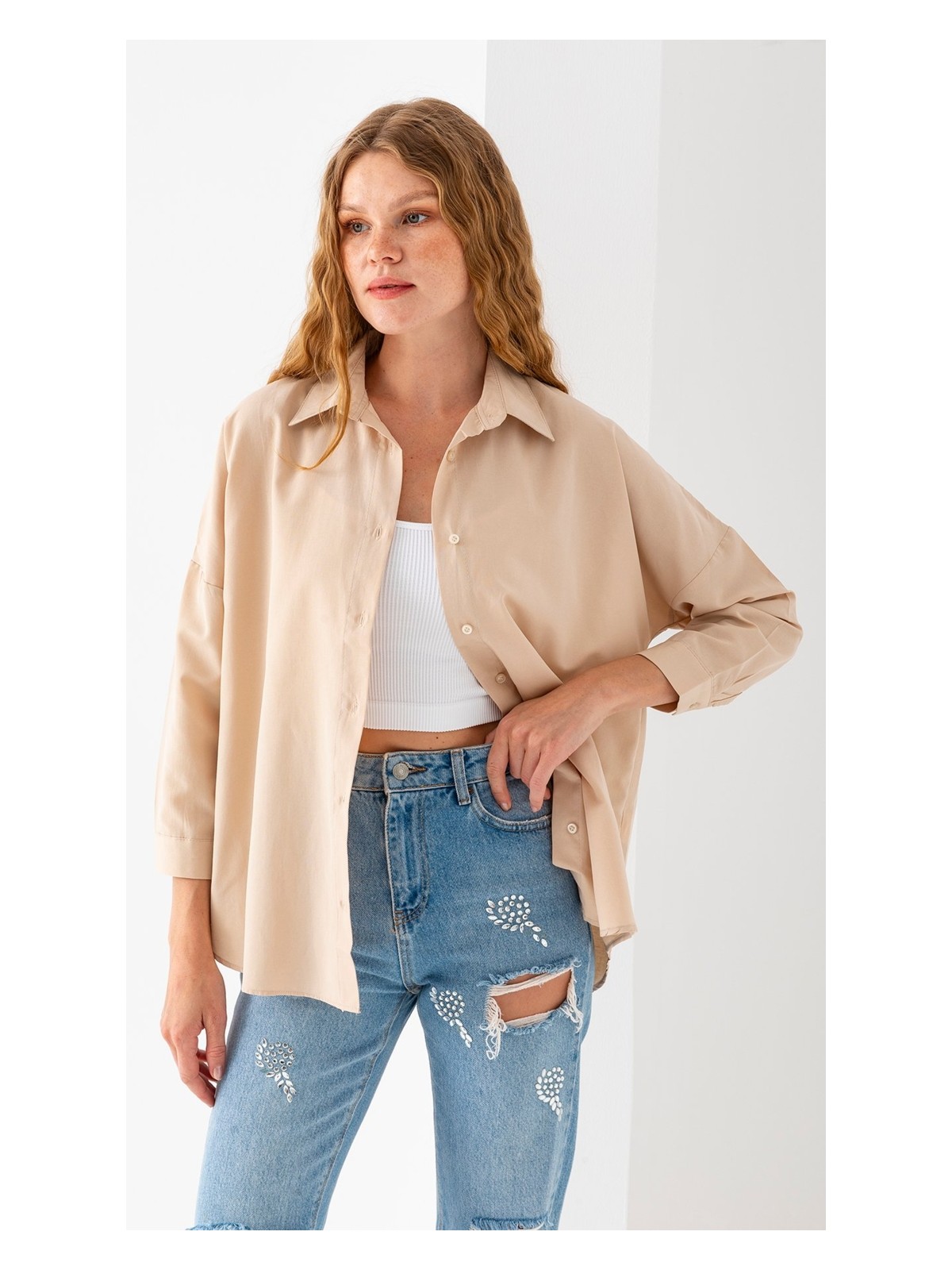 Giysa Kadın Siyah Uzun Kollu Basic Pamuklu Oversize Gömlek - 3900 - Görsel 4