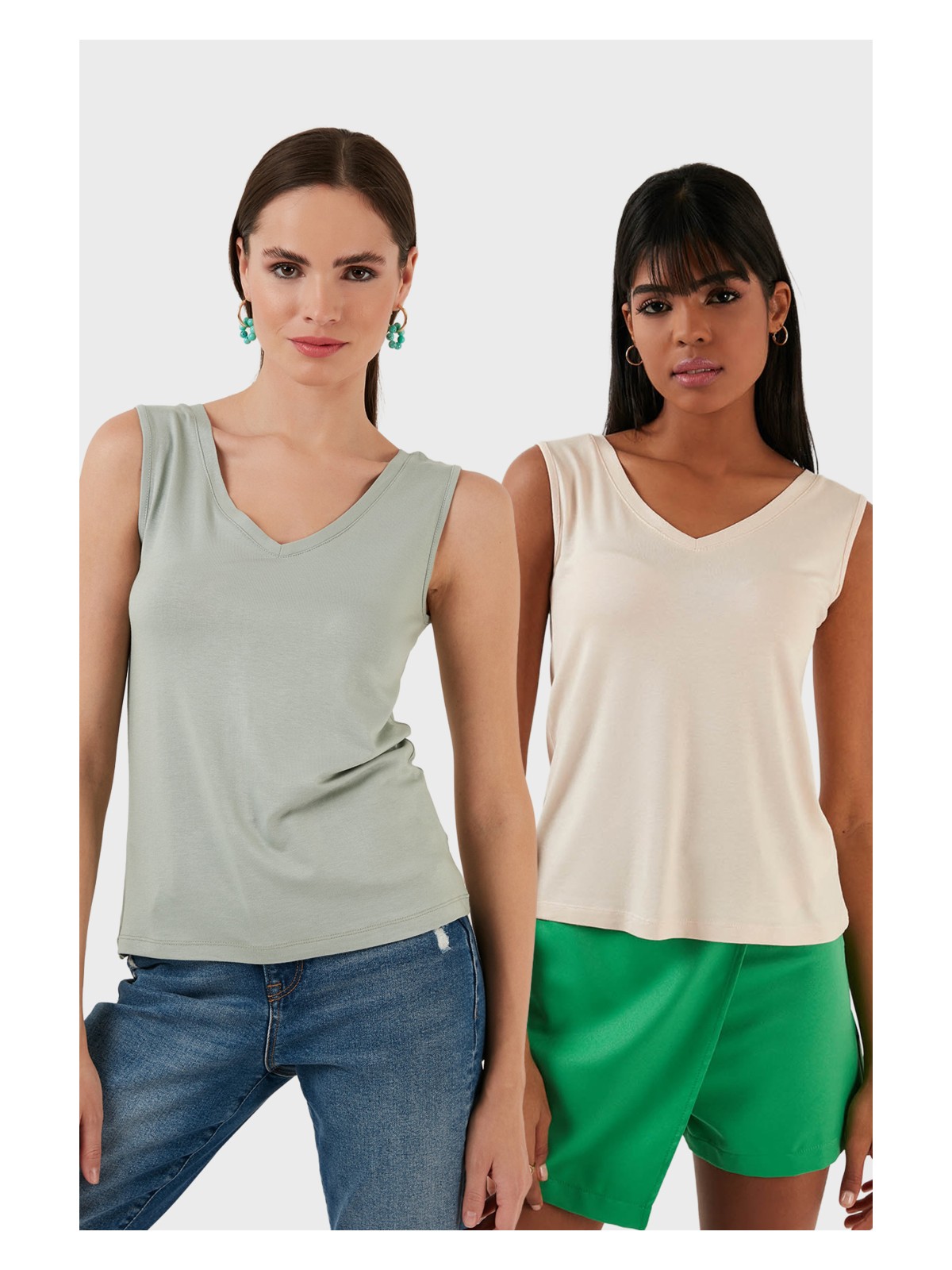 Lela Slim Fit V Yaka Kalın Askılı 2' Li Paket Bluz Bayan Bluz 5864384S2