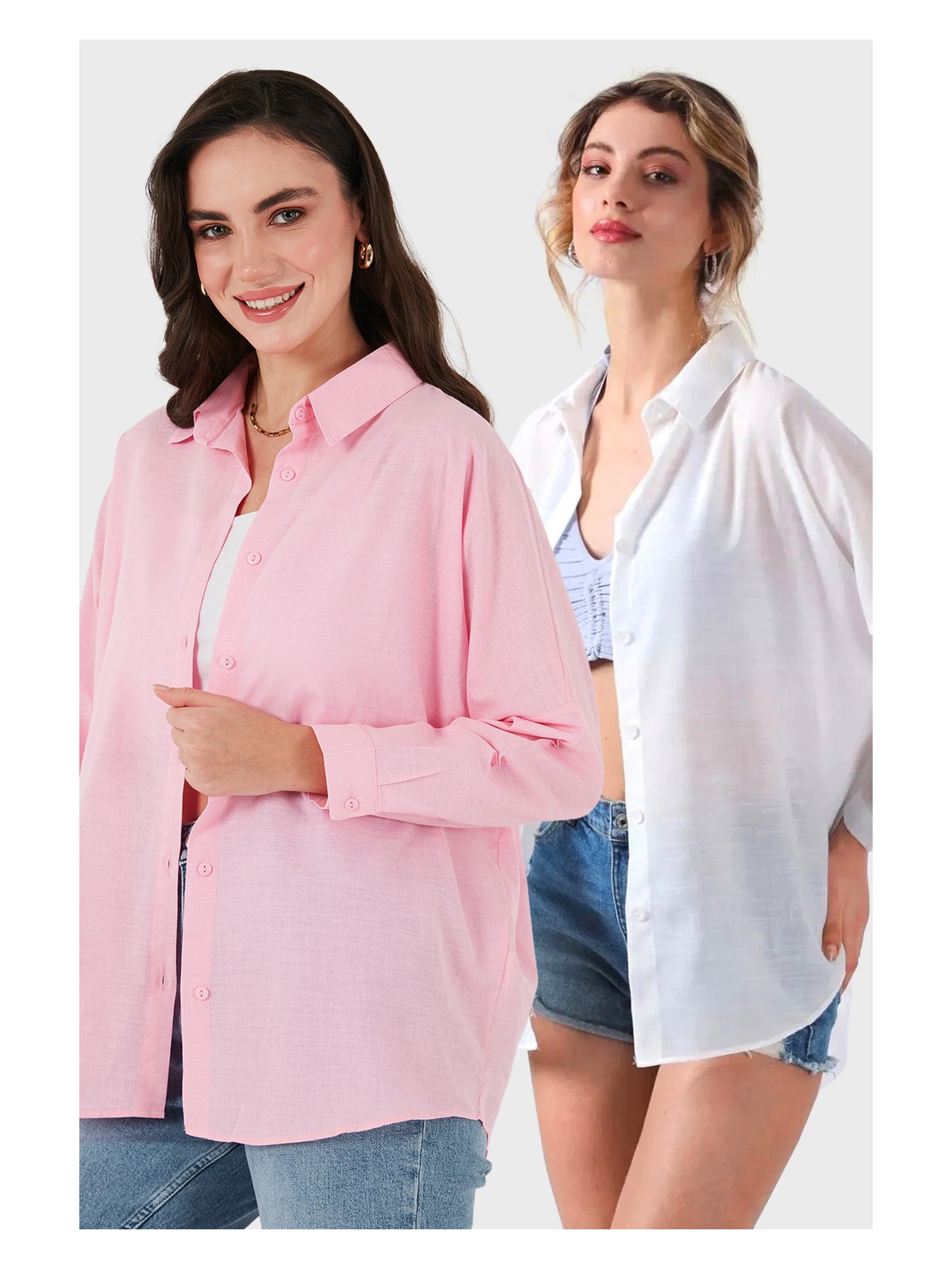 Sd Luxury Pamuk Karışımlı Oversize Fit Uzun Kollu 2'li Paket Gömlek Bayan Gömlek 6781001S2