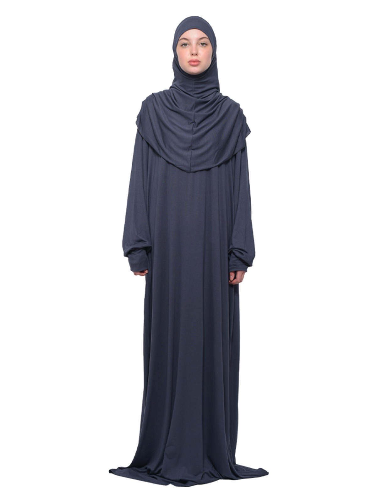 Altobeh Pratik Tek Parça Pamuklu Yarasa Kollu Tak Çıkar Başörtülü Organik Tesettür Namaz Elbisesi-Füme