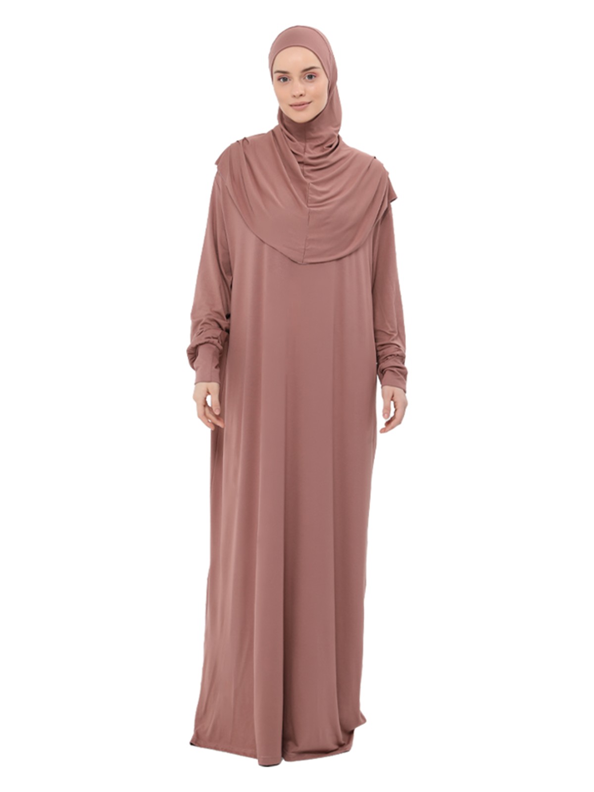 Altobeh Pratik Tek Parça Pamuklu Yarasa Kollu Tak Çıkar Başörtülü Organik Tesettür Namaz Elbisesi-Toprak
