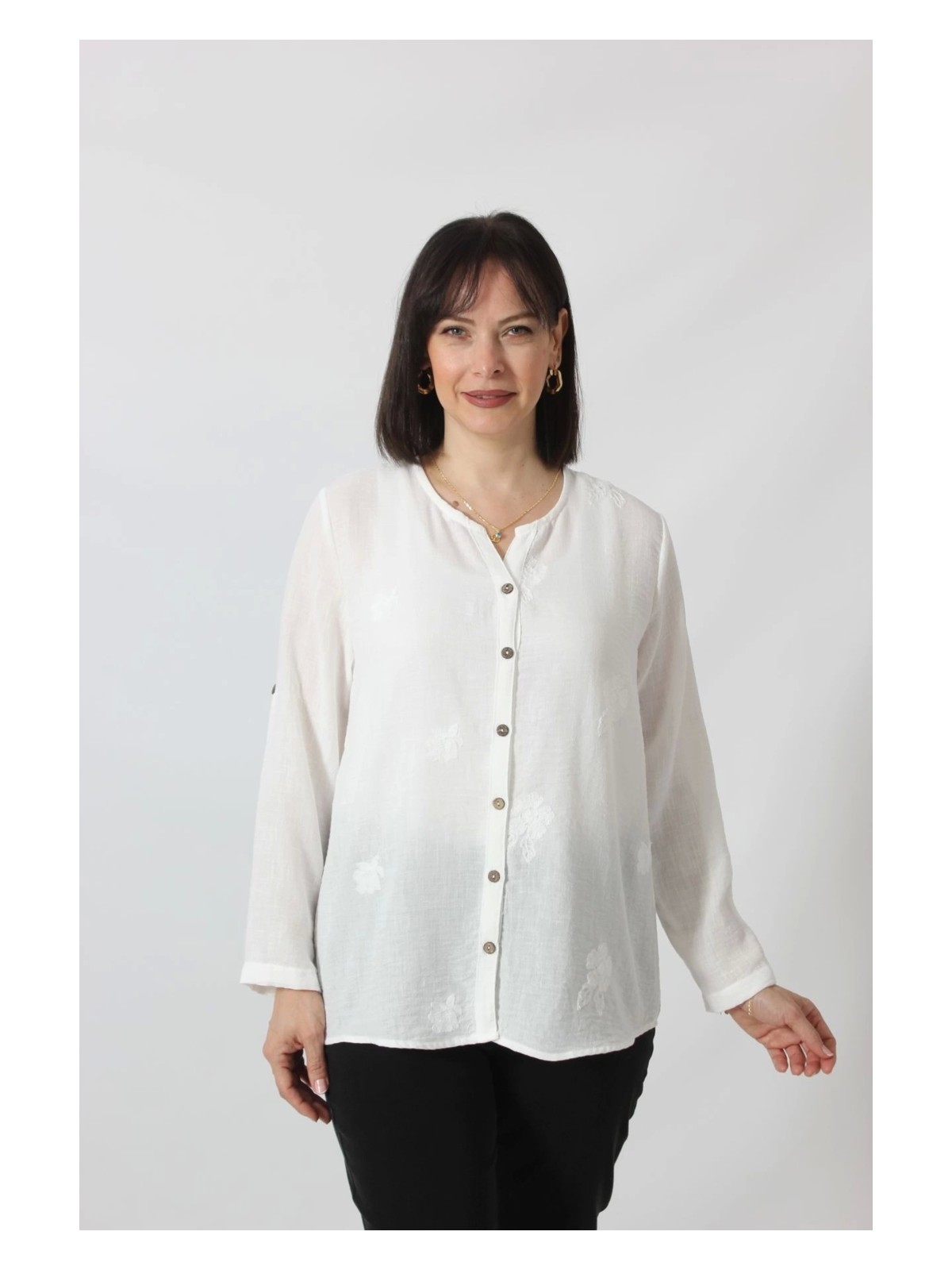 Moda Berray 2B-069 Kolu Apoletli Büyük Çiçek Desenli Pamuk Keten Kadın Büyük Beden Beyaz Gömlek