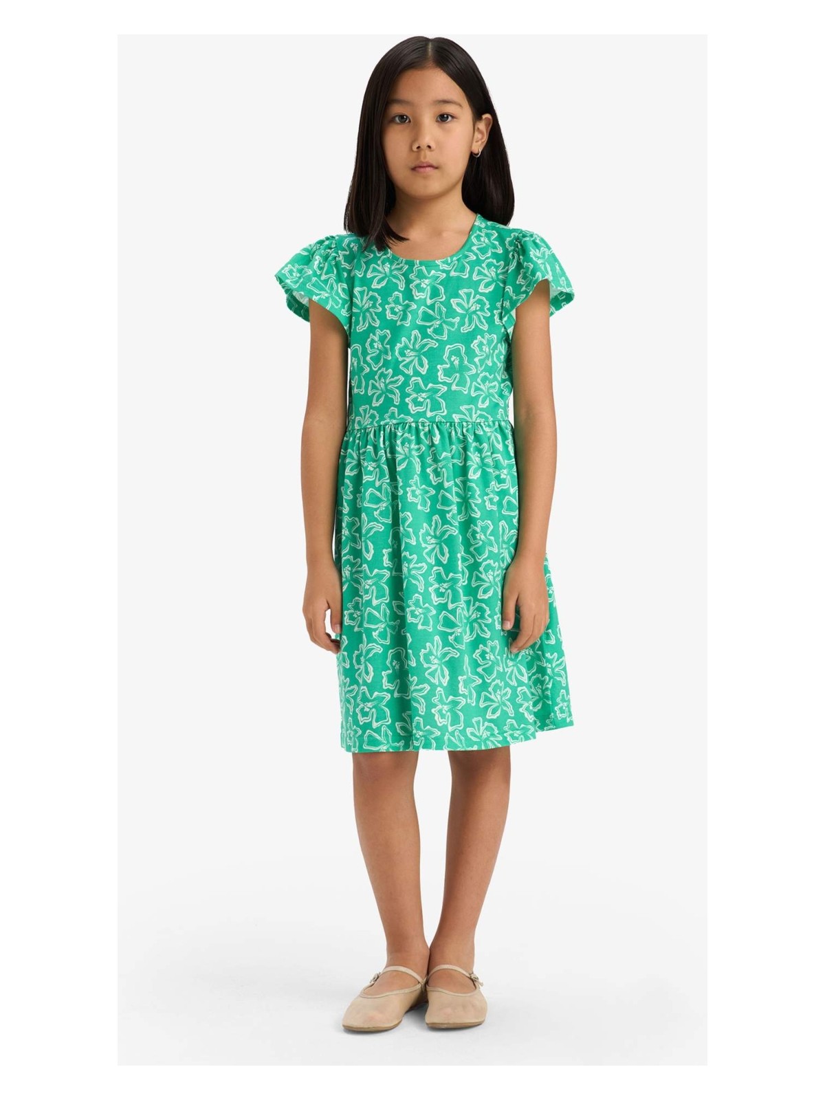 DeFacto Bisiklet Yaka Desenli Kısa Kollu Yazlık Elbise Kız Çocuk B4339A825SM