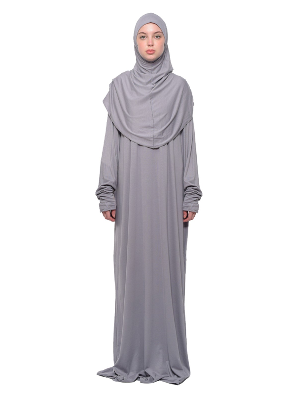 Altobeh Pratik Tek Parça Pamuklu Yarasa Kollu Tak Çıkar Başörtülü Organik Tesettür Namaz Elbisesi-Koyu Lacivert - Görsel 4