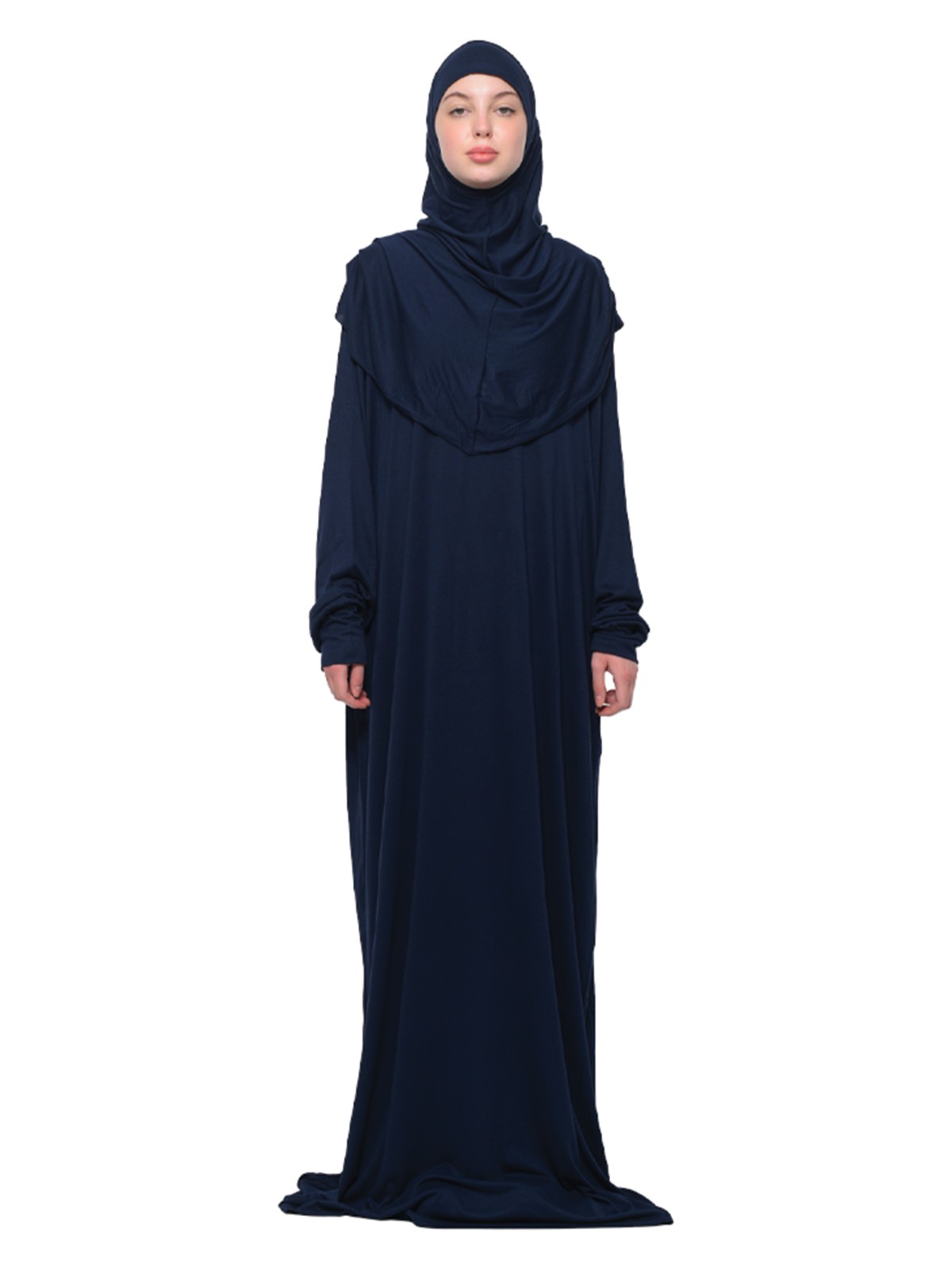Altobeh Pratik Tek Parça Pamuklu Yarasa Kollu Tak Çıkar Başörtülü Organik Tesettür Namaz Elbisesi-Koyu Lacivert