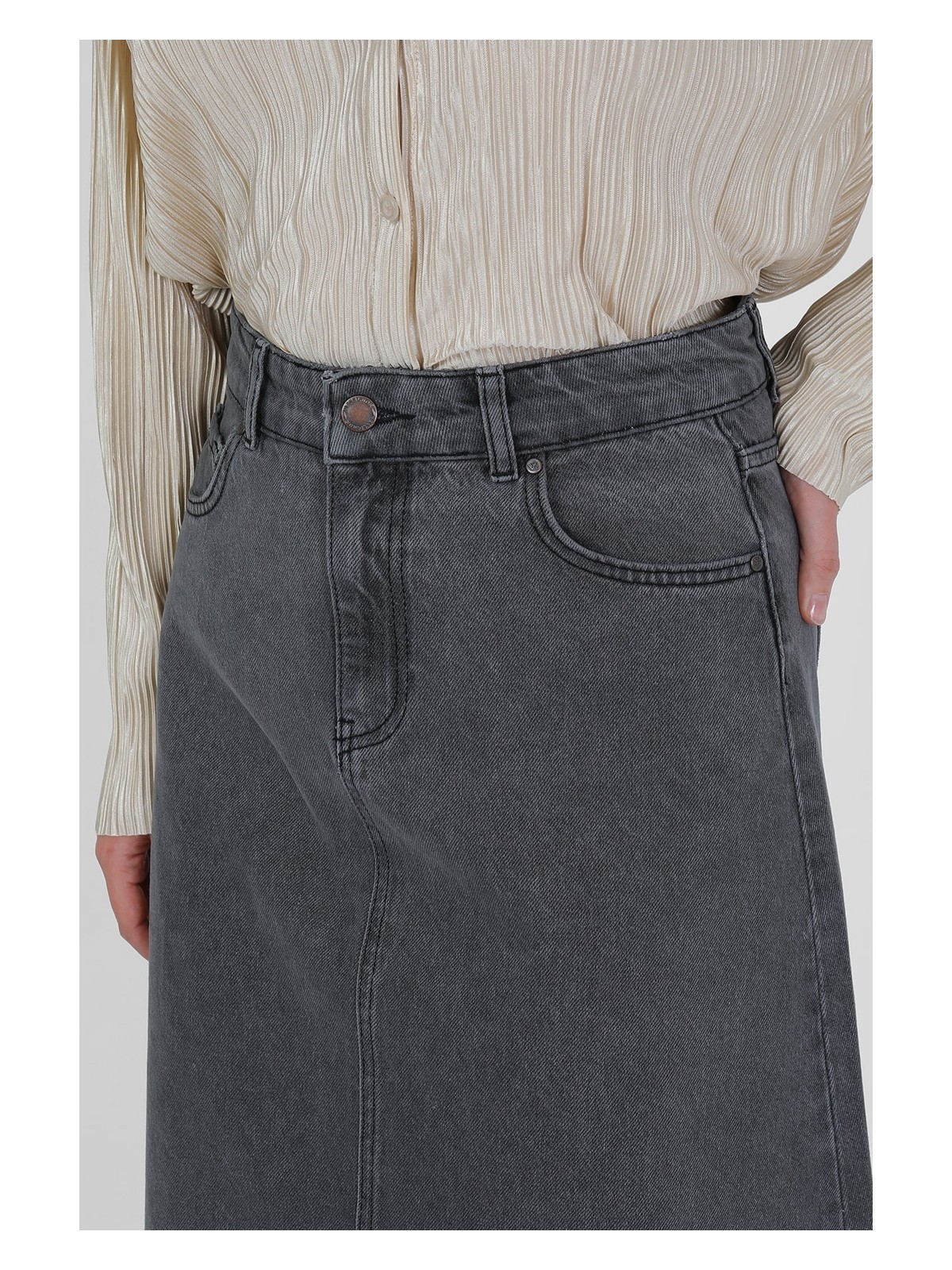 Vellichor Yüksek Bel A Kesim Denim Etek - Görsel 3