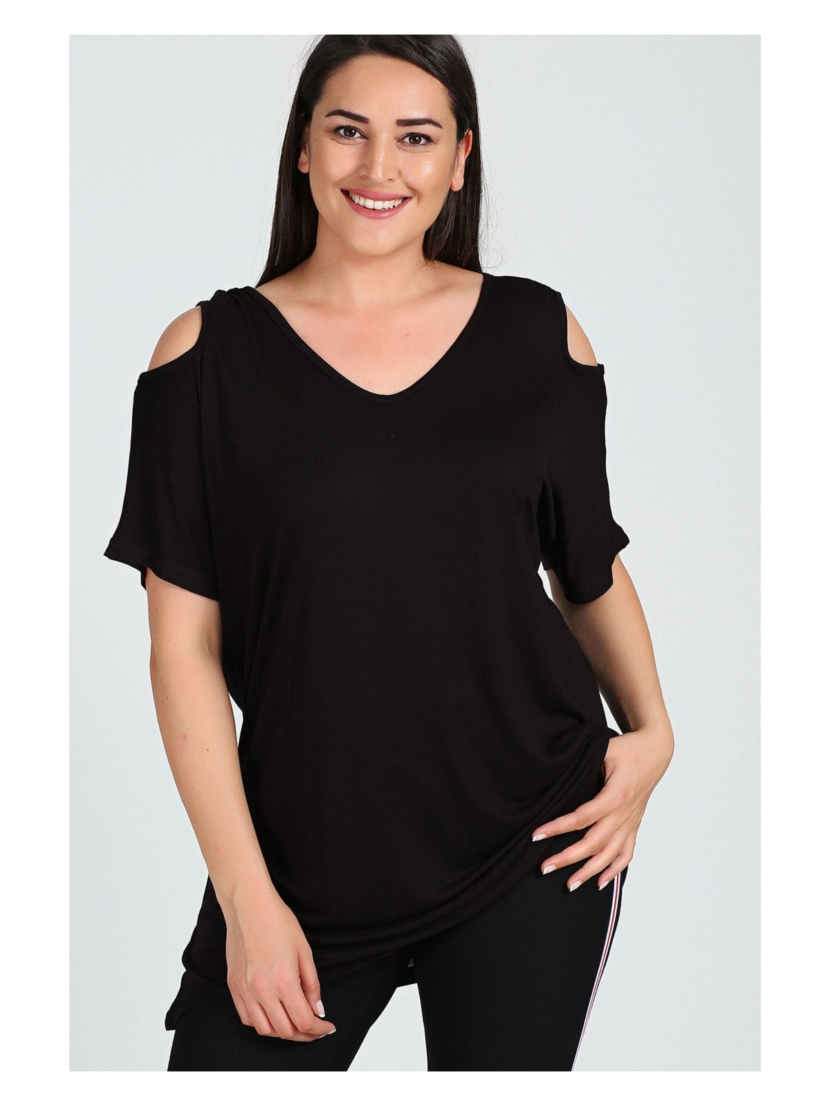 Curvy Trend Büyük Beden Omuzu V Pencere Kısa Kol Bluz - Görsel 3