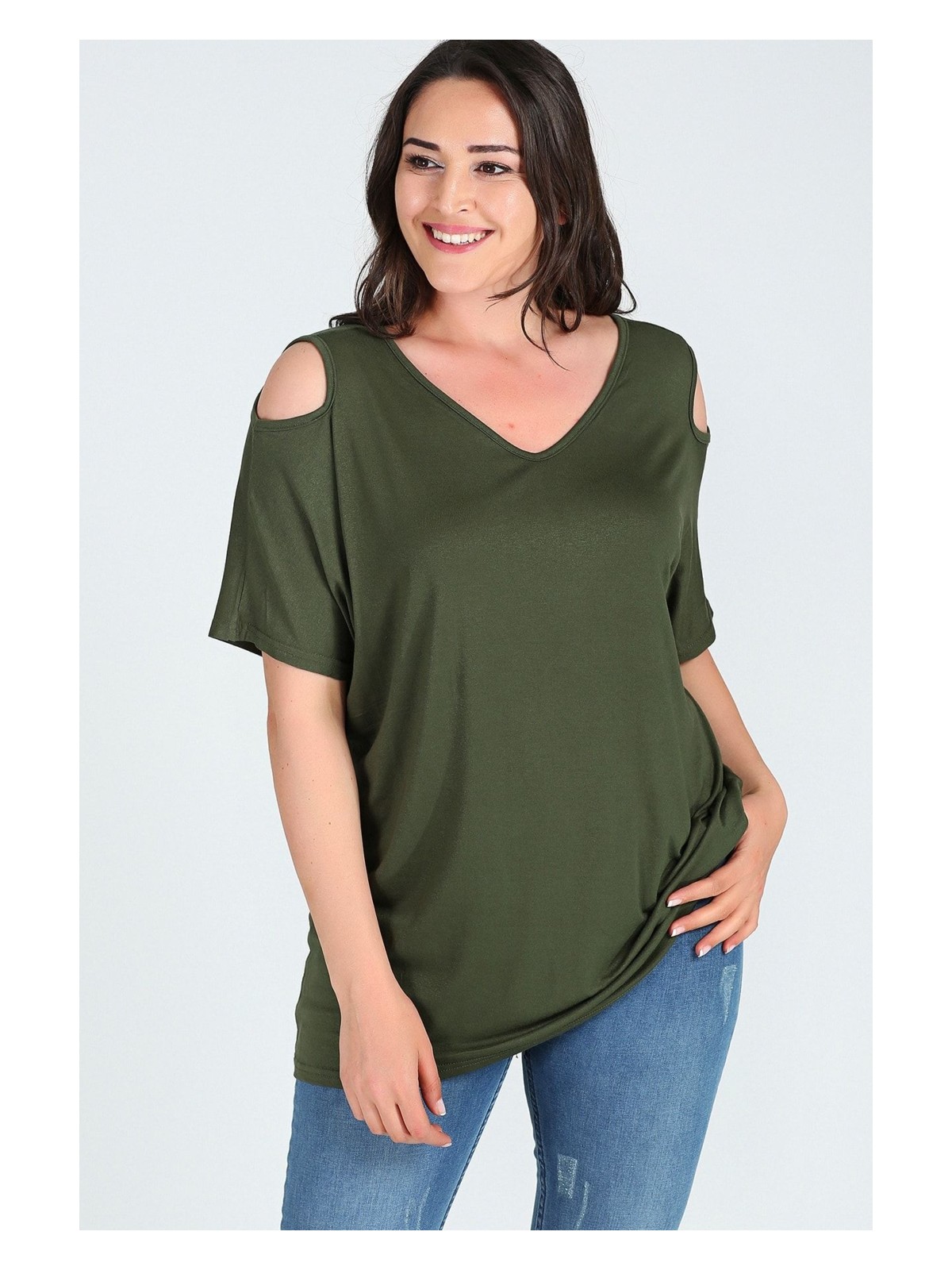 Curvy Trend Büyük Beden Omuzu V Pencere Kısa Kol Bluz - Görsel 4